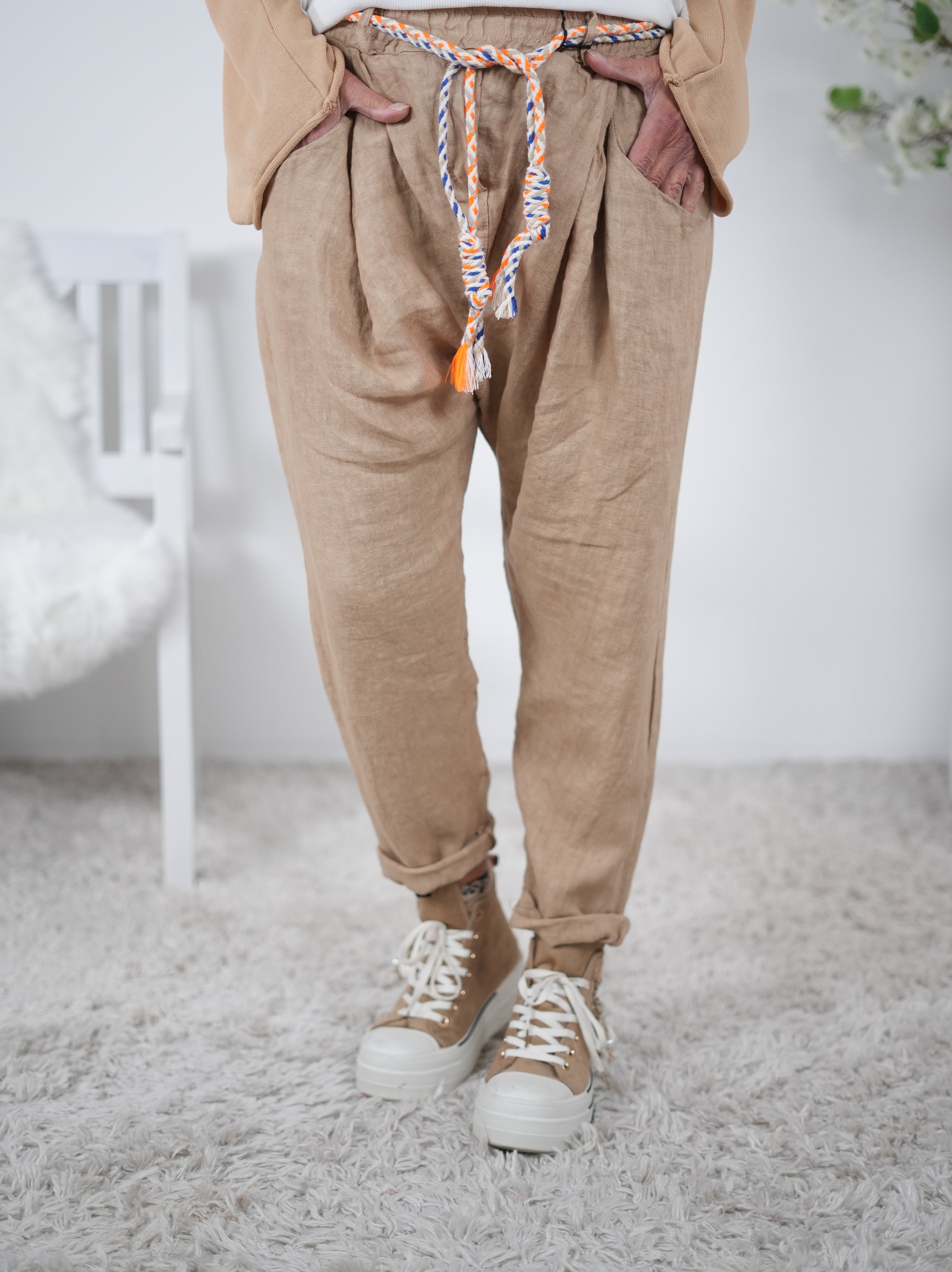 Lässige Leinen Baggy mit Eingriffstaschen Einheitsgröße (ca Gr. 38-42 44) Camel