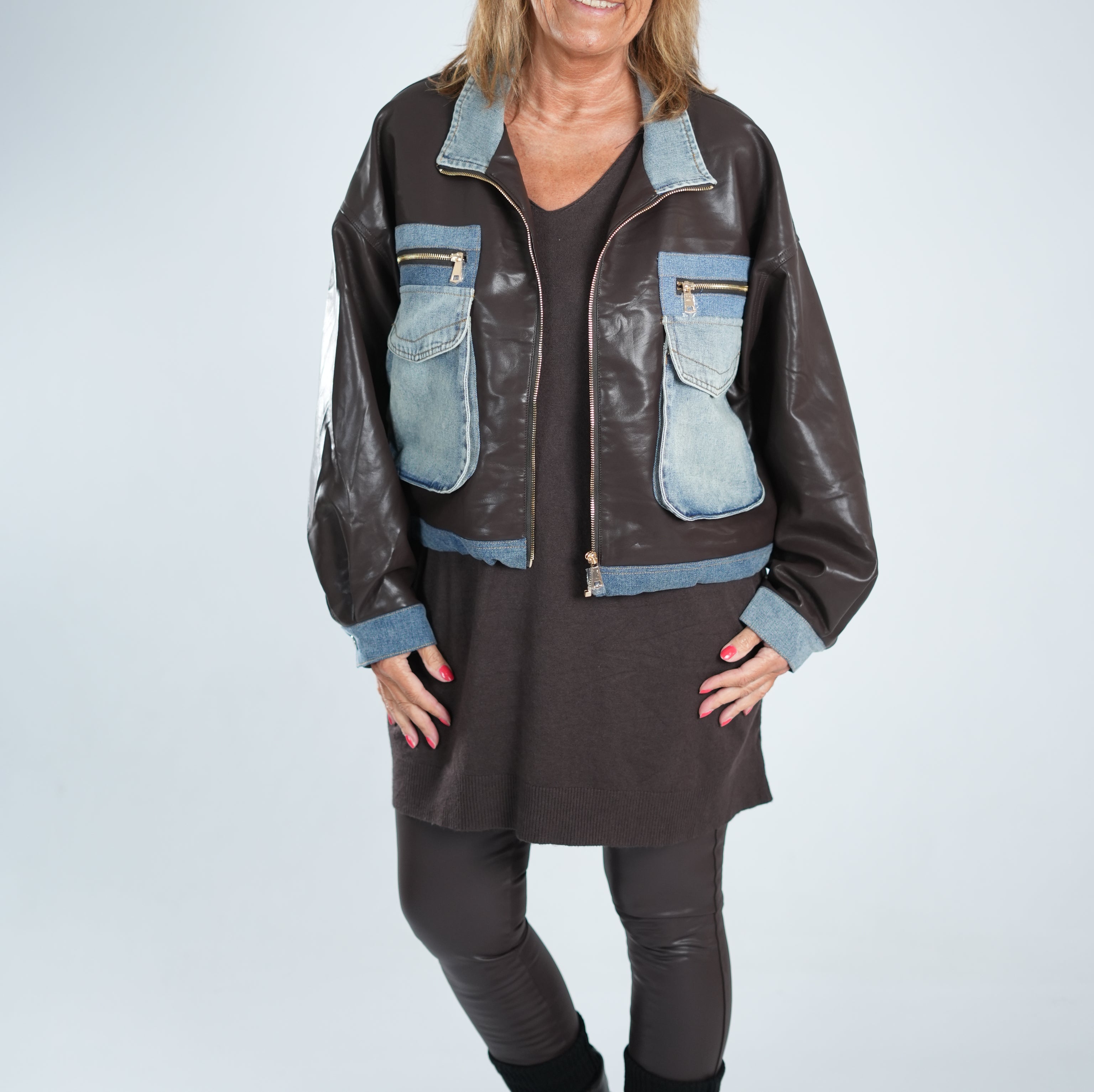 oversize Kunstlederjacke ~jeans~ One Size (ca Größe 38 "oversize" -44) Schoko