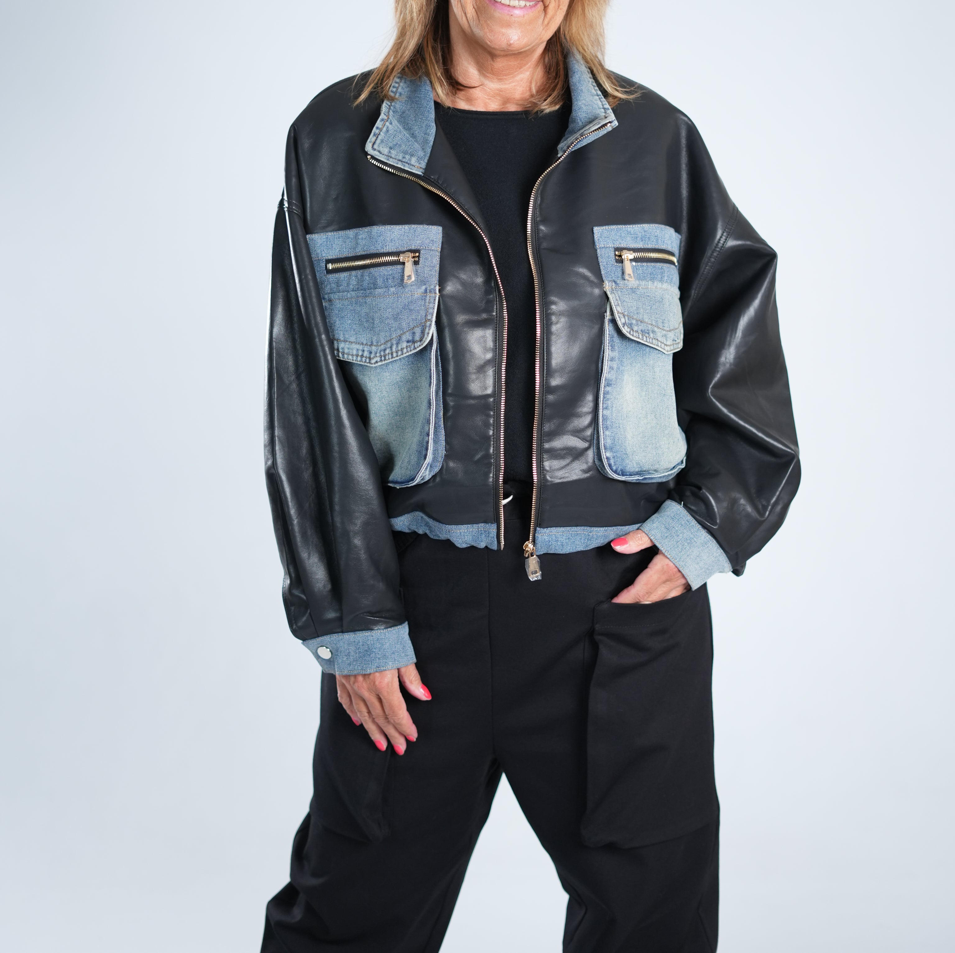 oversize Kunstlederjacke ~jeans~ One Size (ca Größe 38 "oversize" -44) Schwarz