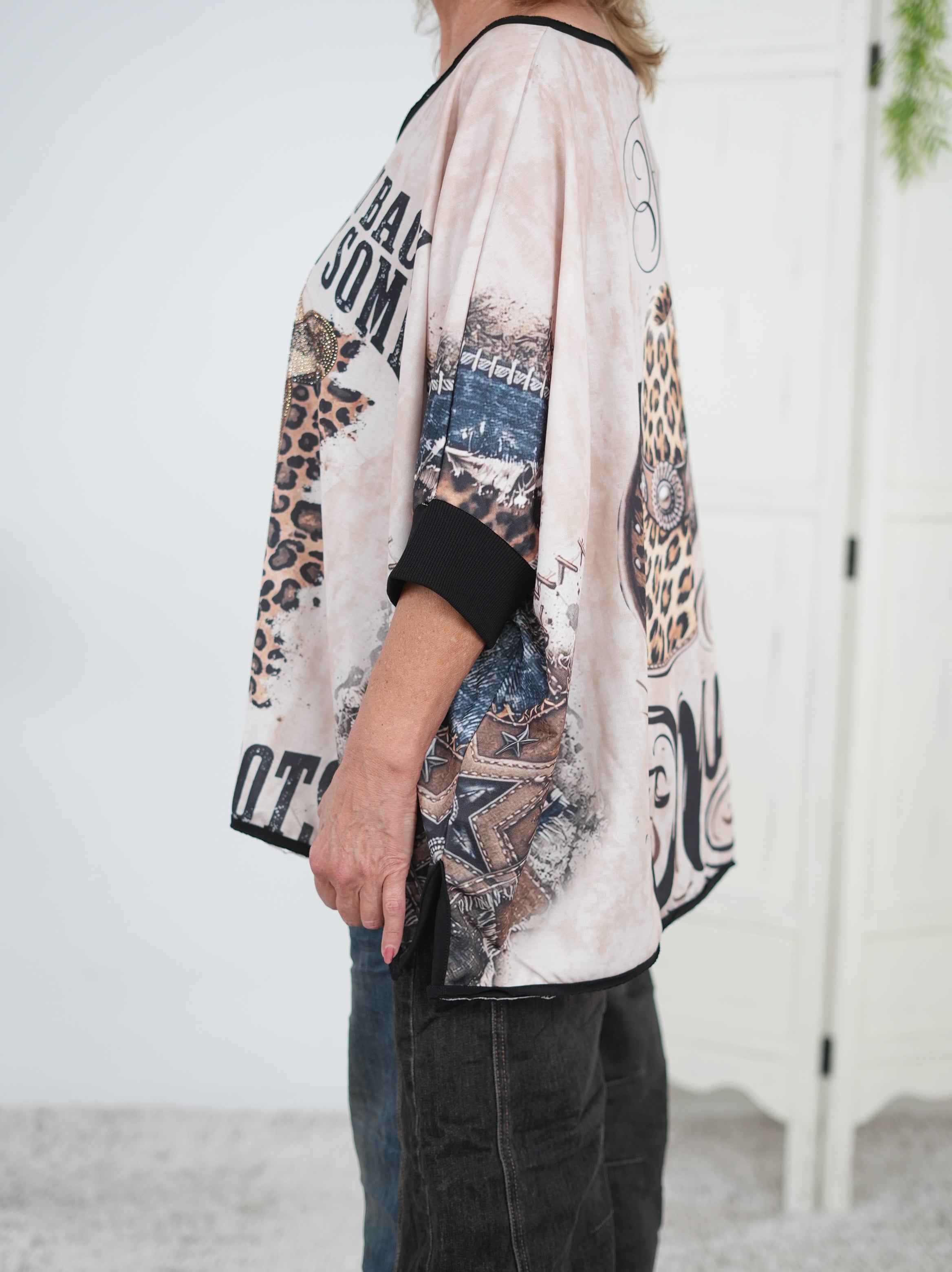 Poncho Shirt mit Hingucker Motiv und Strasssteinen
