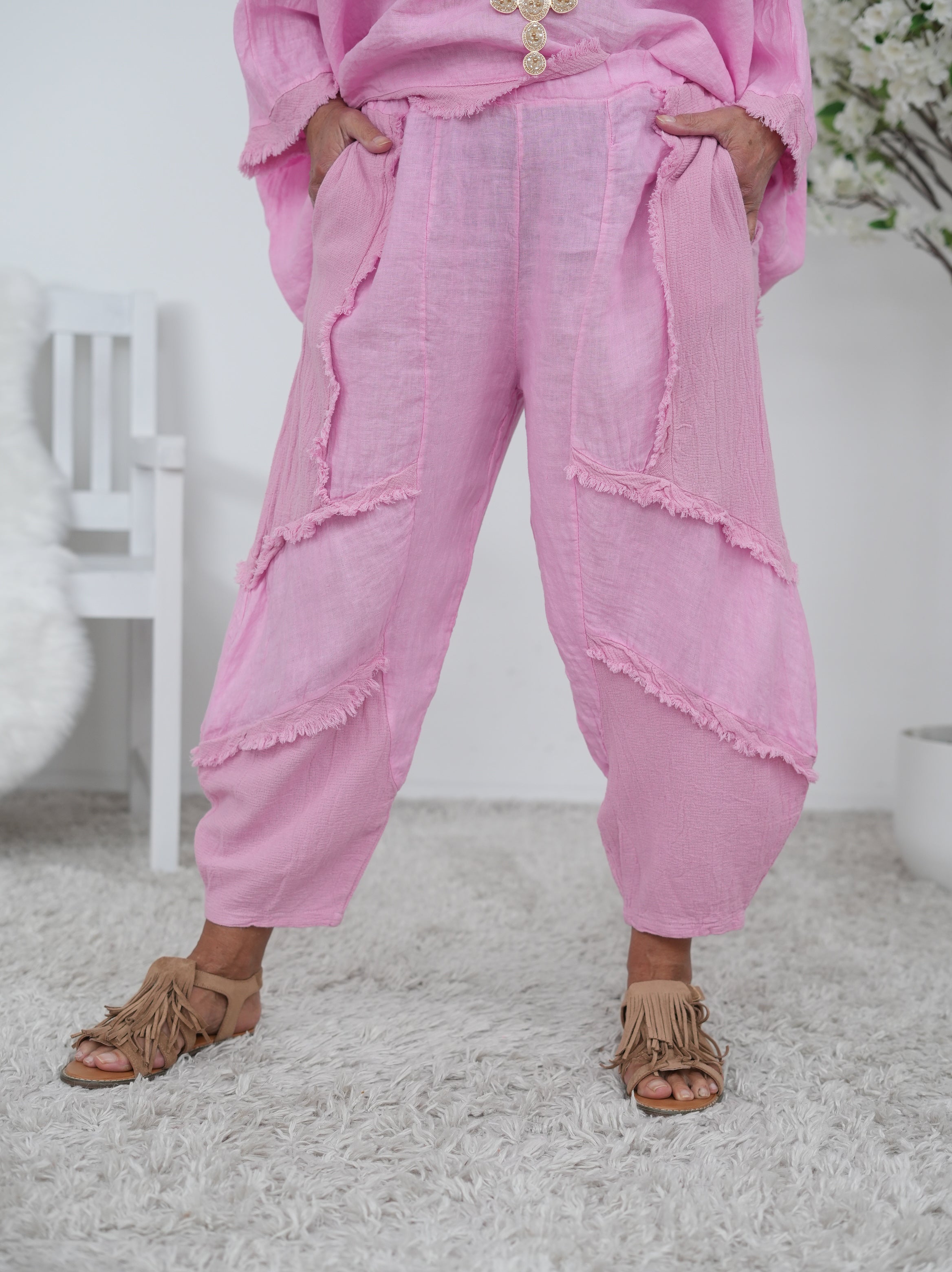 Leinen Pants mit Fransen und Gummibund Pink