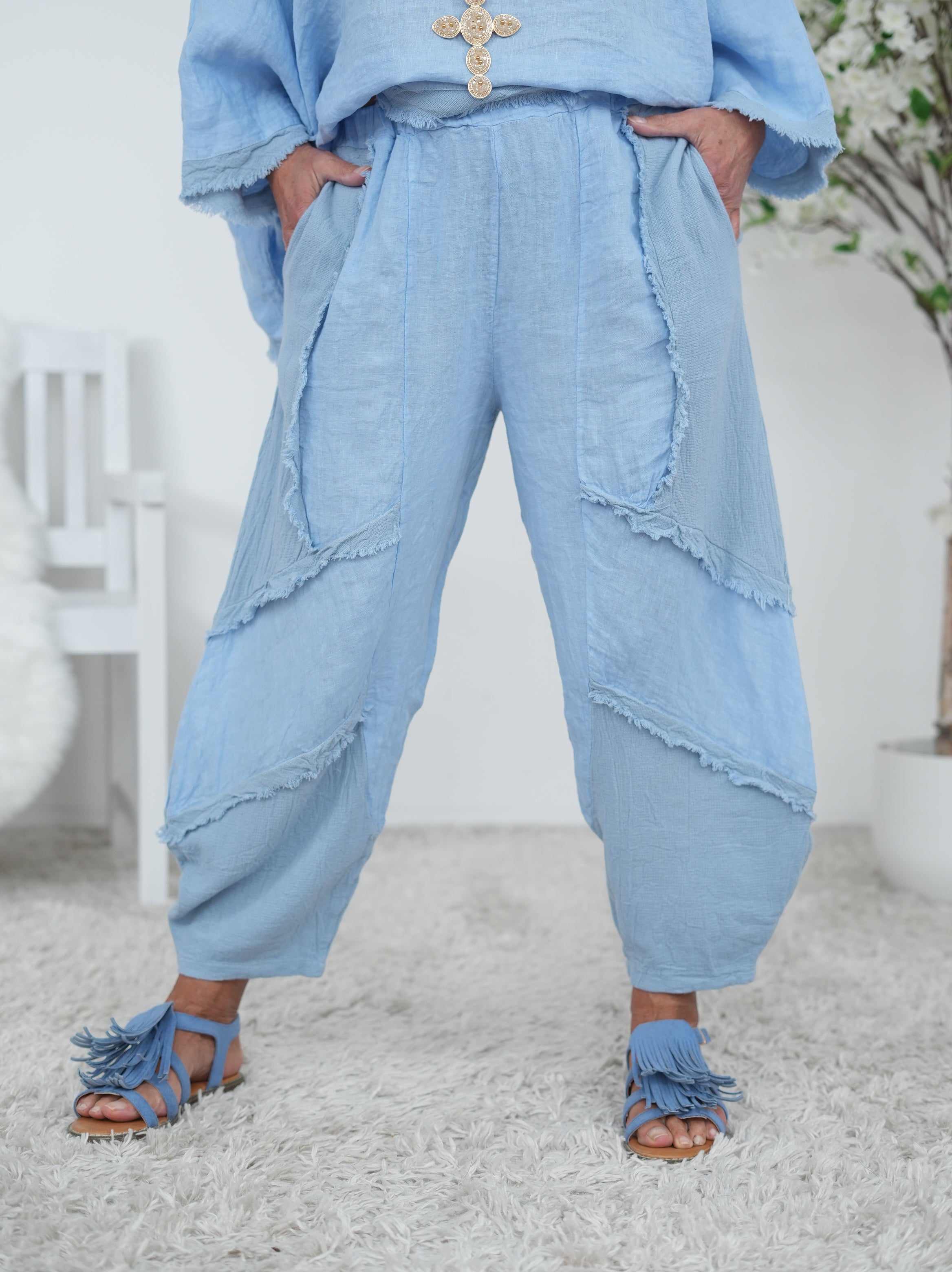 Leinen Pants mit Fransen und Gummibund