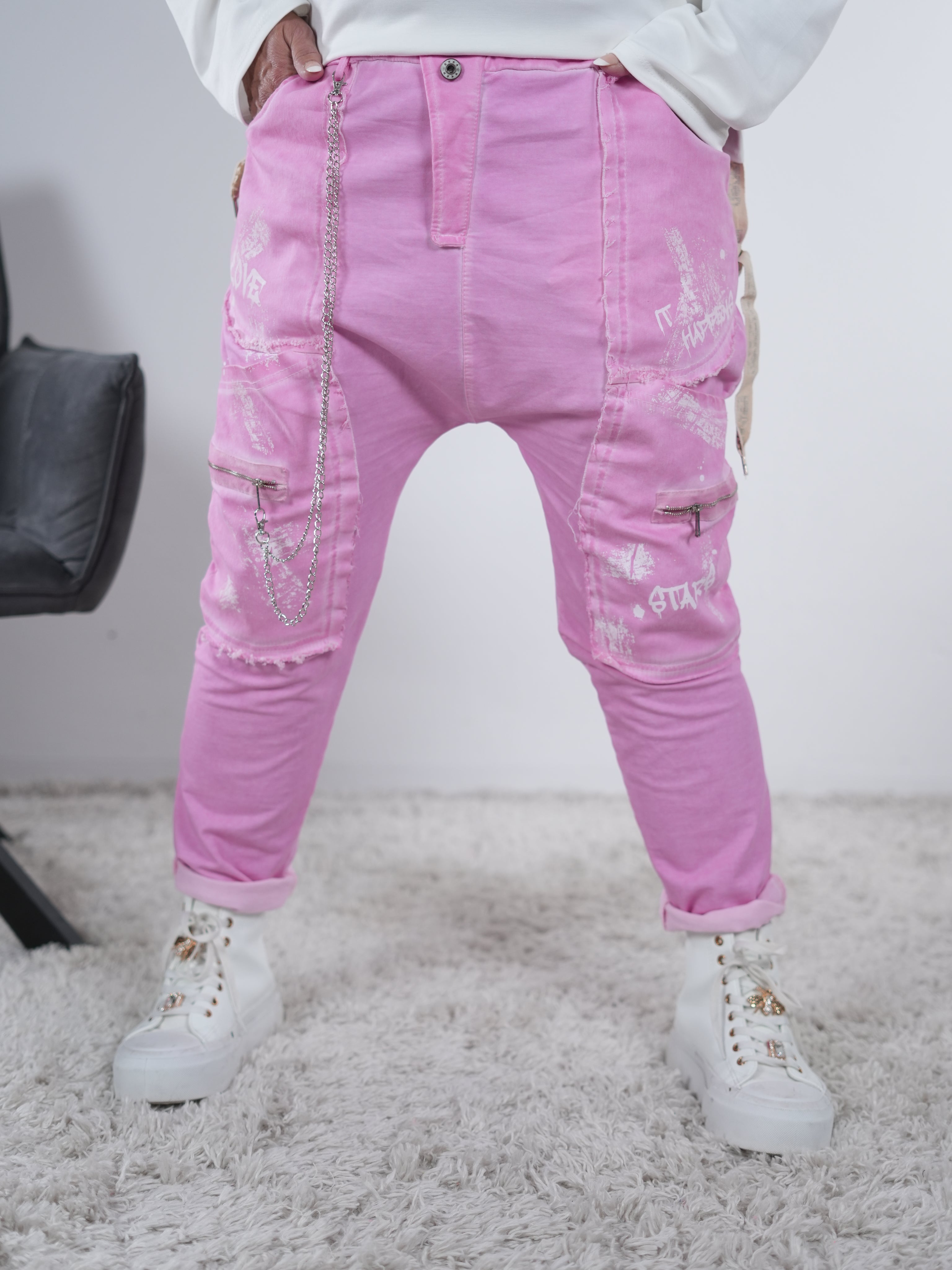 Baggy mit Zipper, Print und großen Eingriffstaschen One Size (ca Größe 38-42 44) Pink