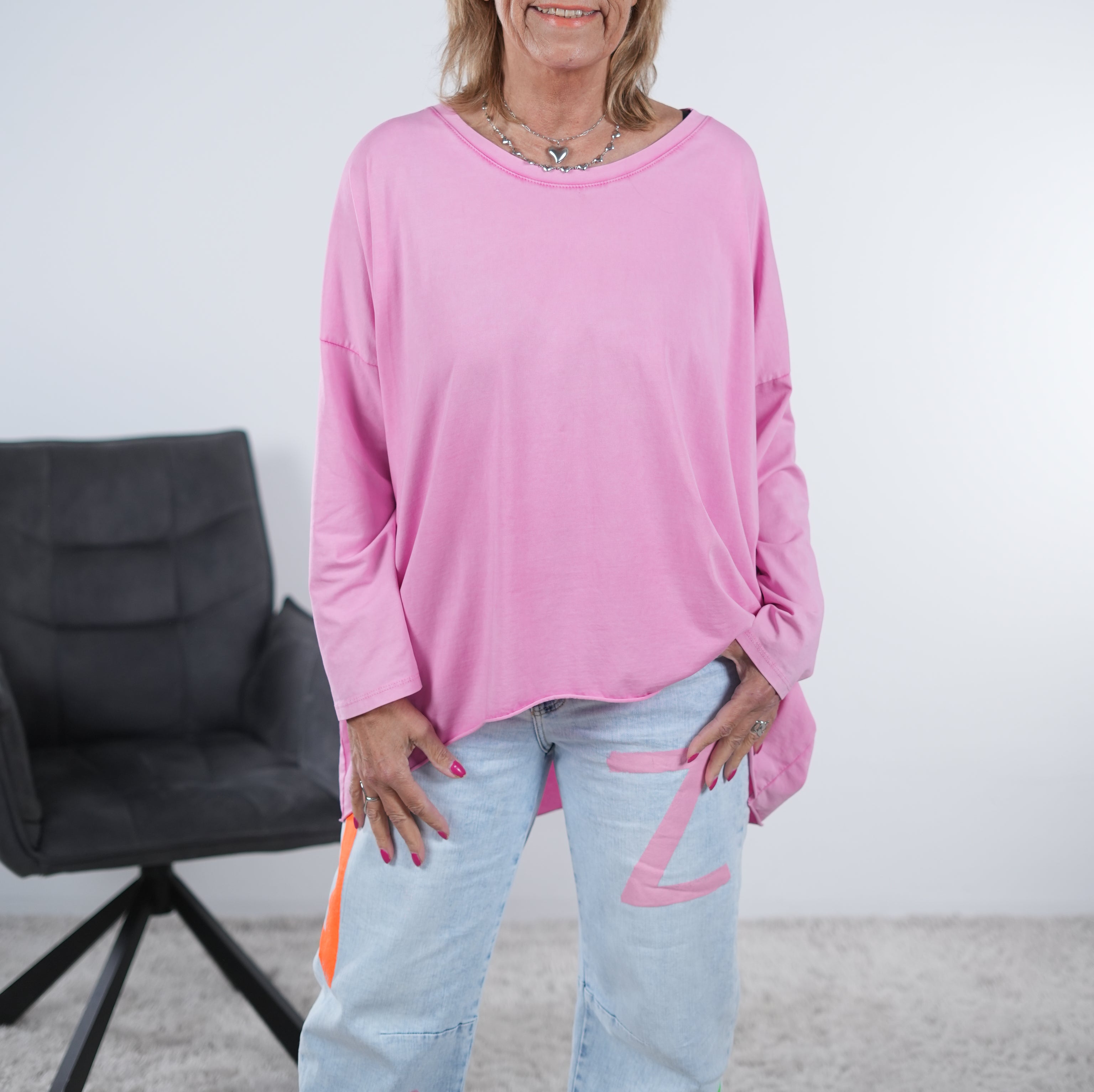 Basic langarm Shirt in verschiedenen Farben One Size (ca Gr. 40 "oversize"-46) Pink
