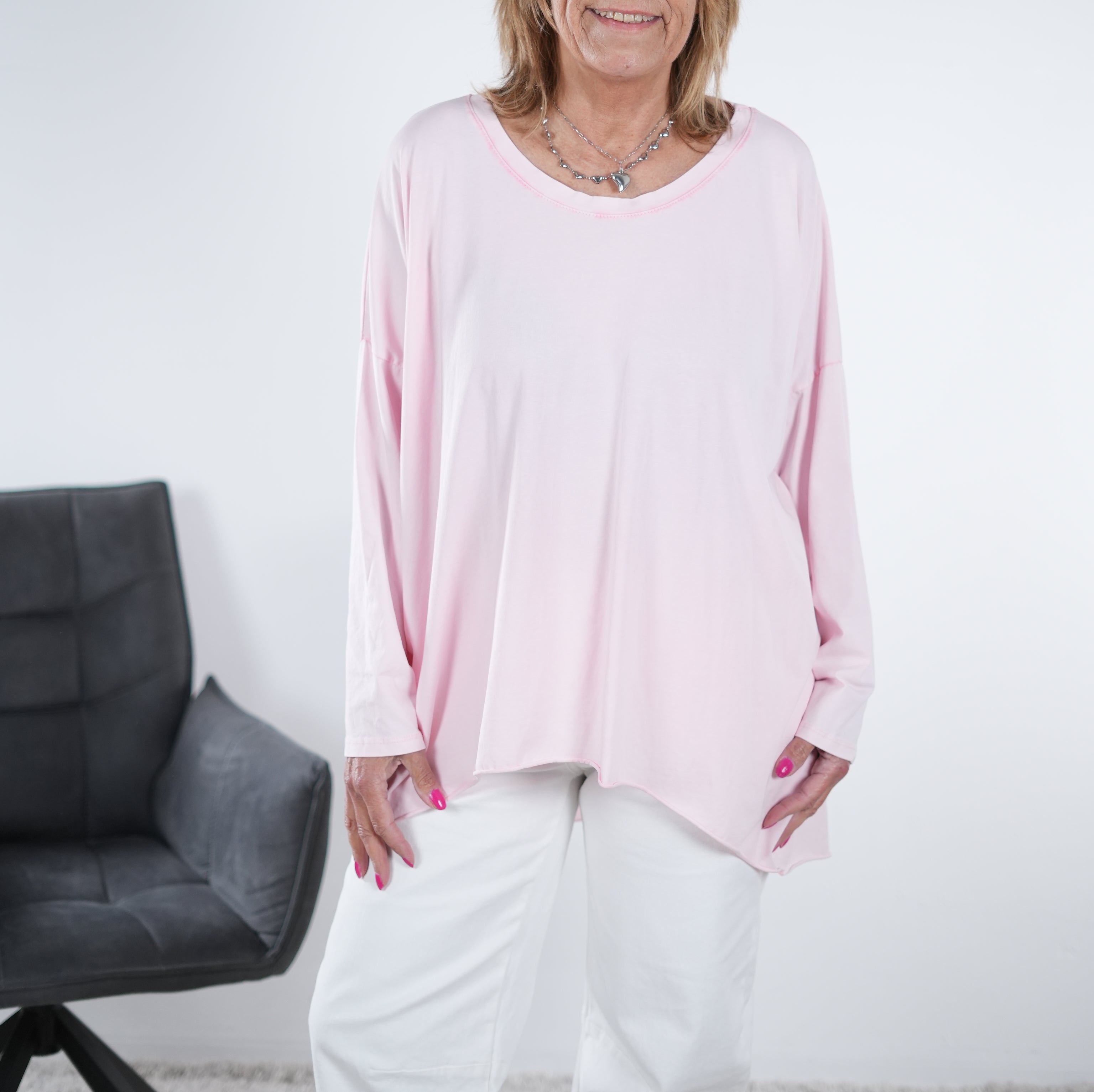 Basic langarm Shirt in verschiedenen Farben One Size (ca Gr. 40 "oversize"-46) Rosa