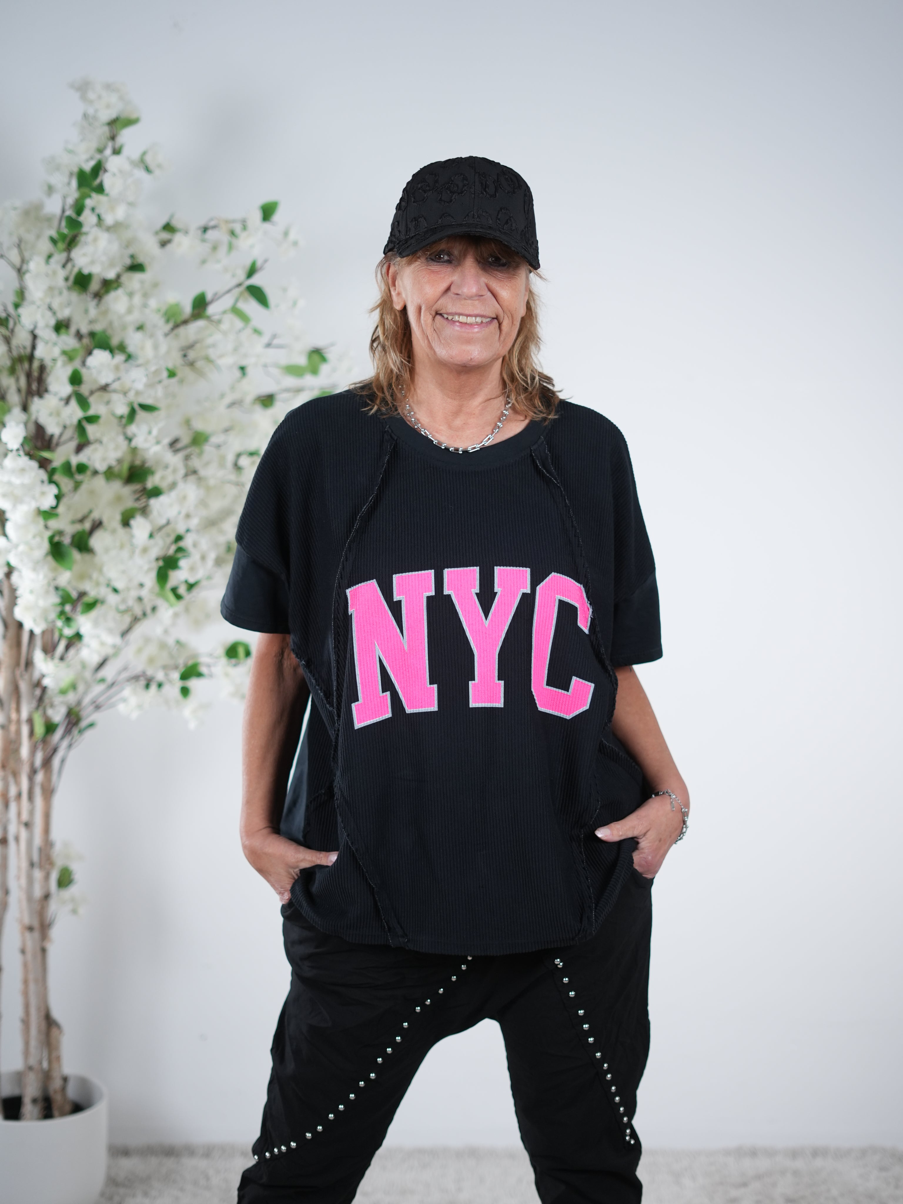 Baumwoll Shirt mit "NYC" Schriftzug One Size (ca Gr. 42 "oversize"-46 48) Schwarz