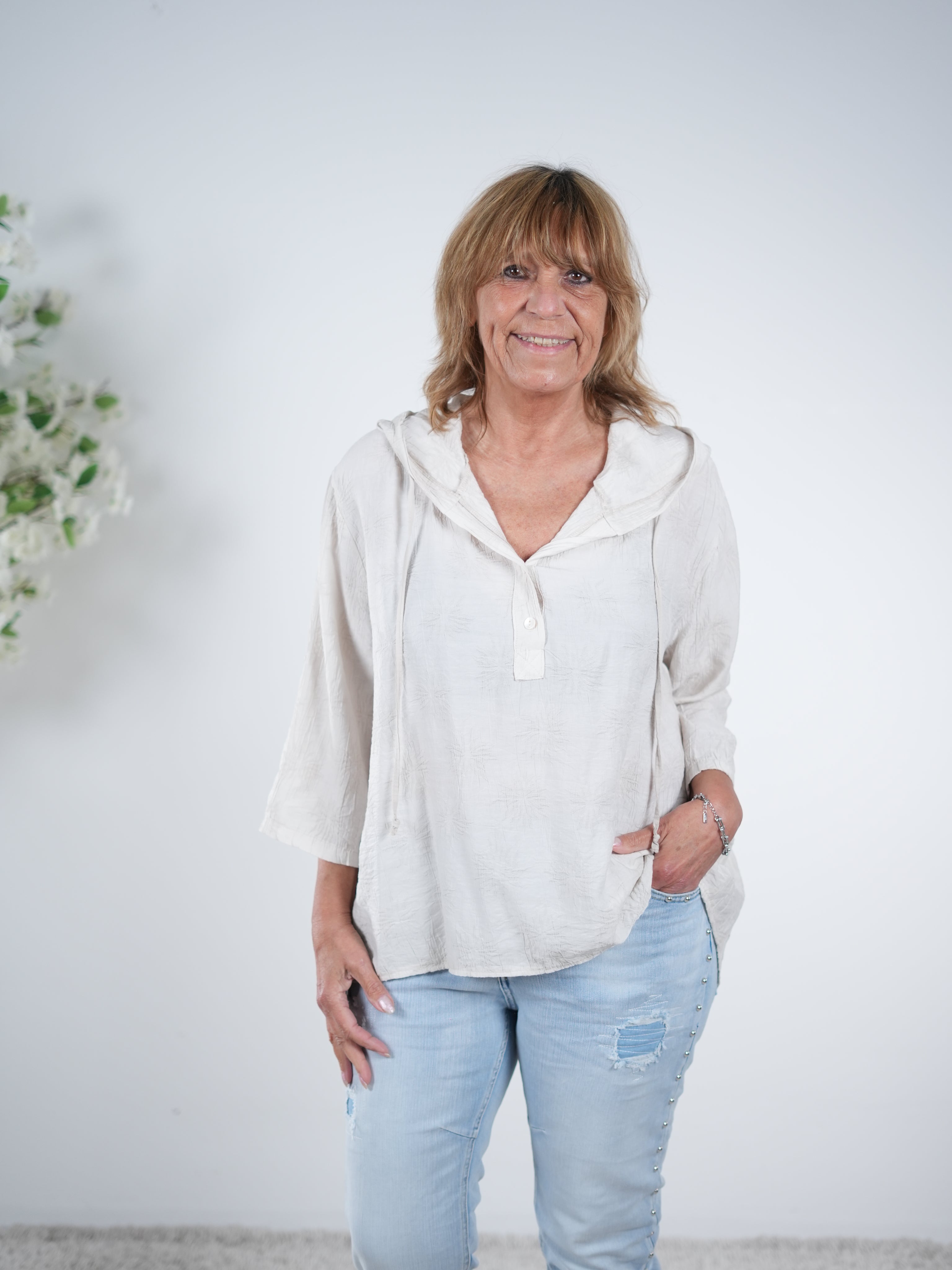 Bluse mit V-Ausschnitt und Kapuze One Size (ca Größe 38-42) Beige