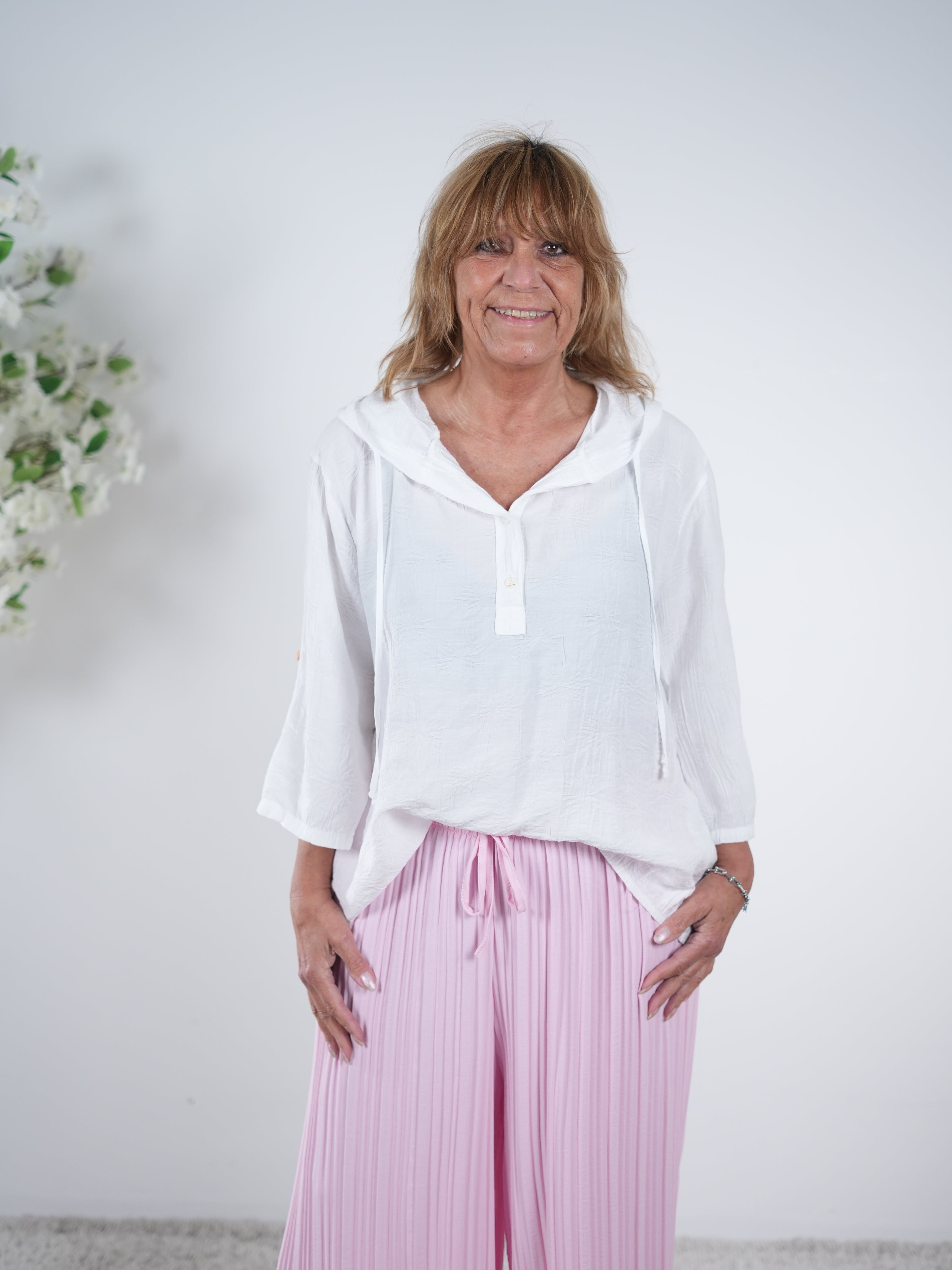 Bluse mit V-Ausschnitt und Kapuze One Size (ca Größe 38-42) Weiß