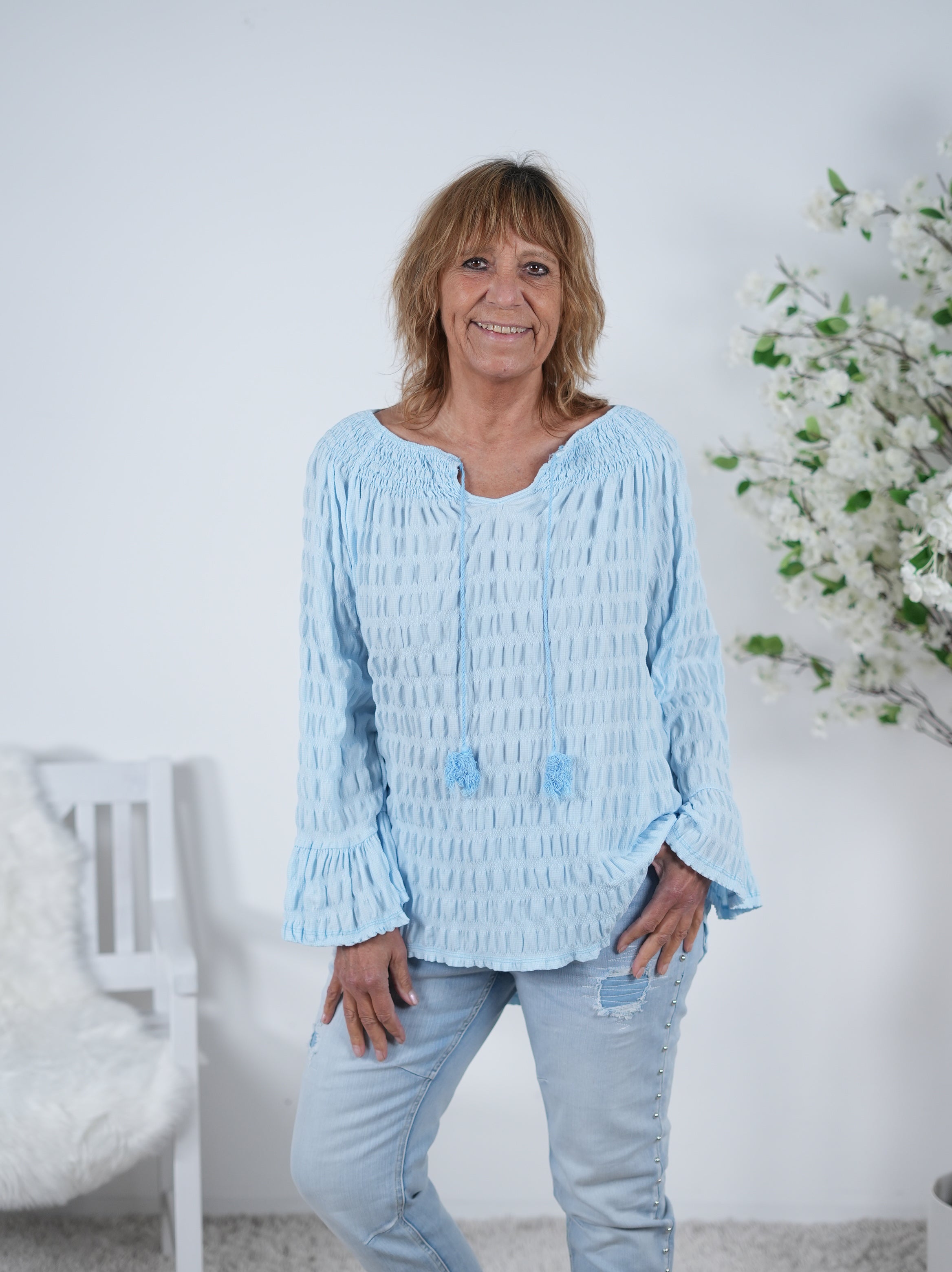 Carmen Bluse mit Trompetenärmeln Einheitsgröße (ca Gr. 38 "oversize"-42 44) Blau
