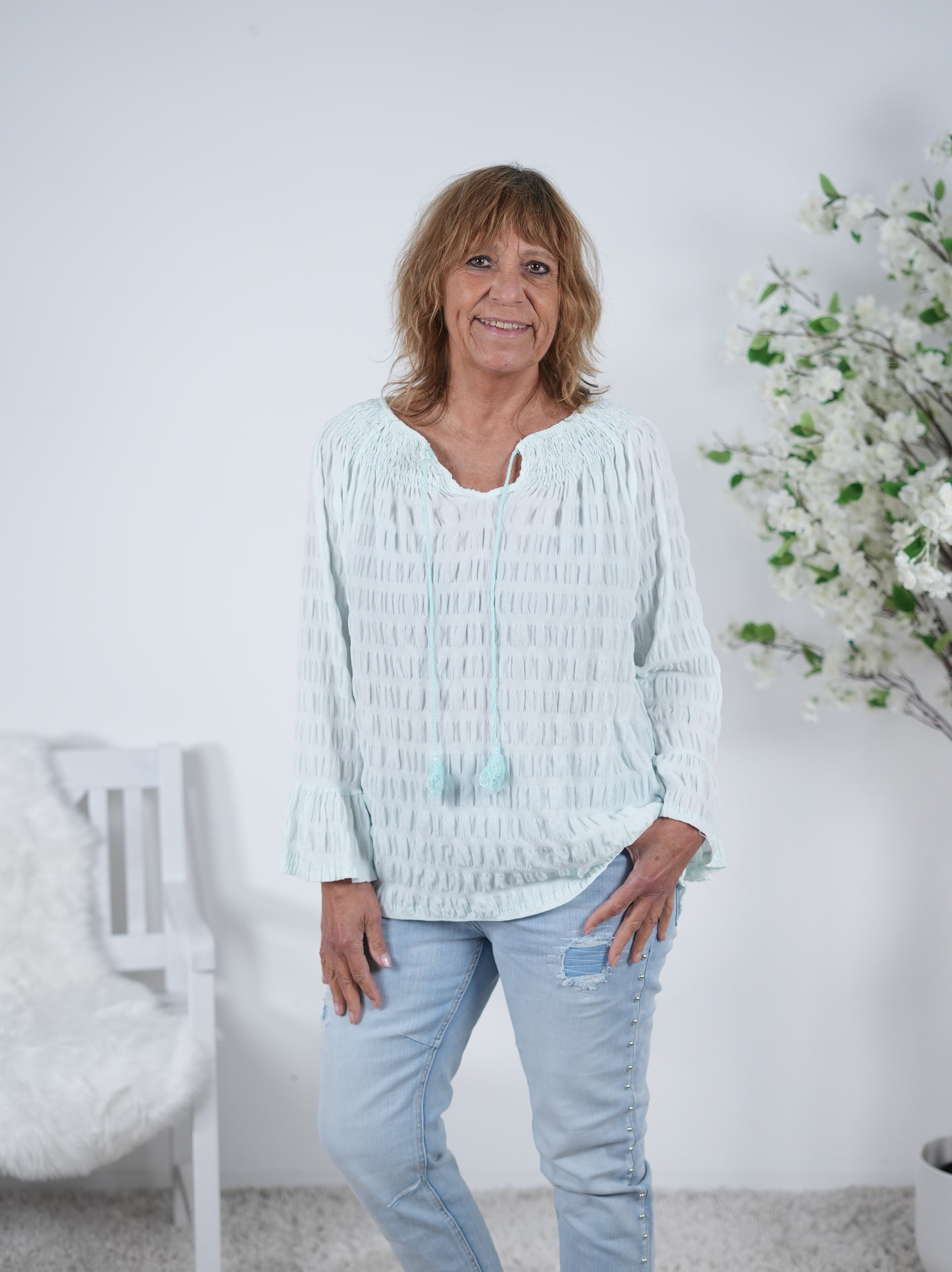 Carmen Bluse mit Trompetenärmeln Einheitsgröße (ca Gr. 38 "oversize"-42 44) Türkis