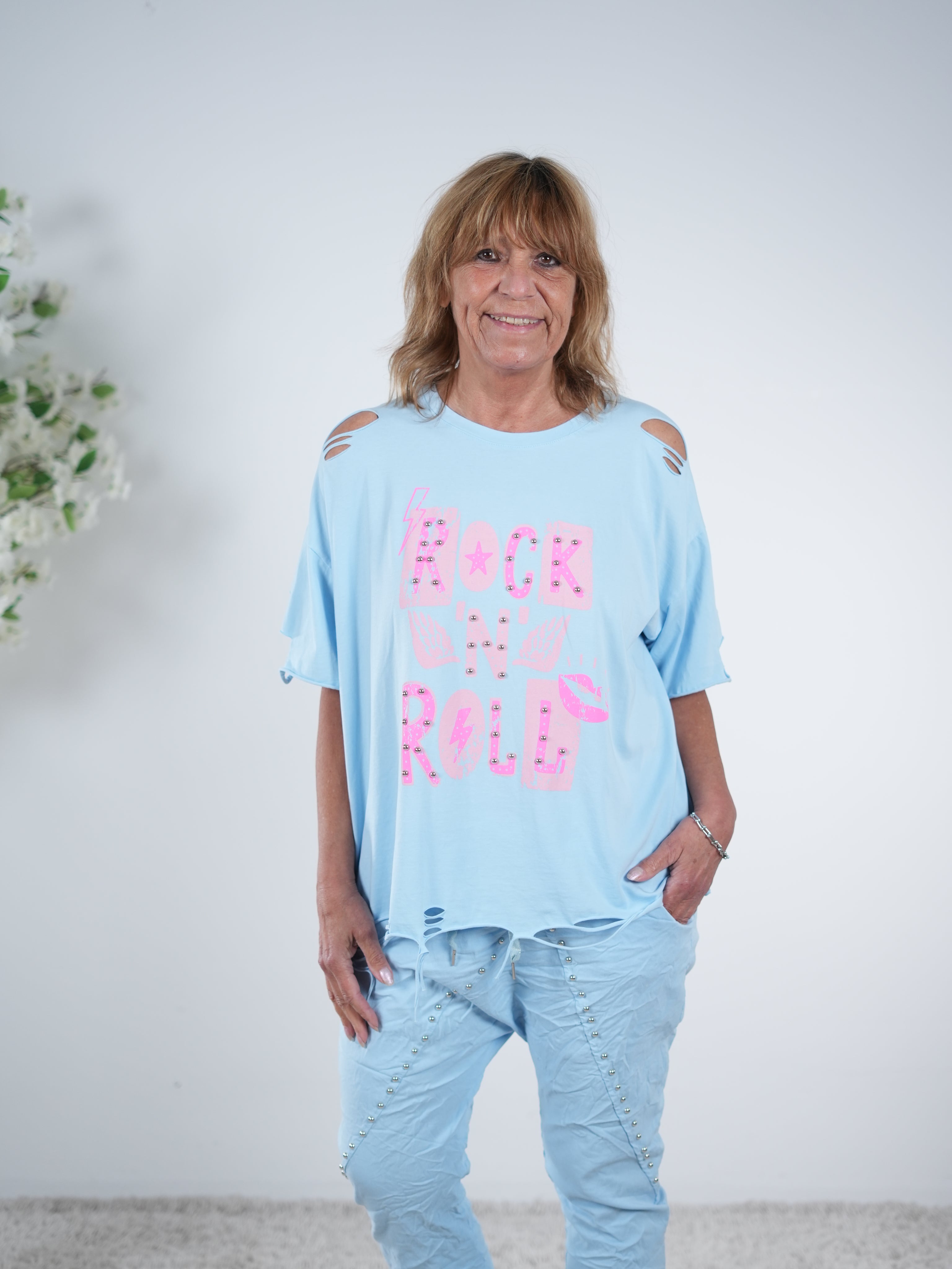 Destroyed Shirt mit Print und Nieten verziert One Size (ca Größe 38-44) Blau