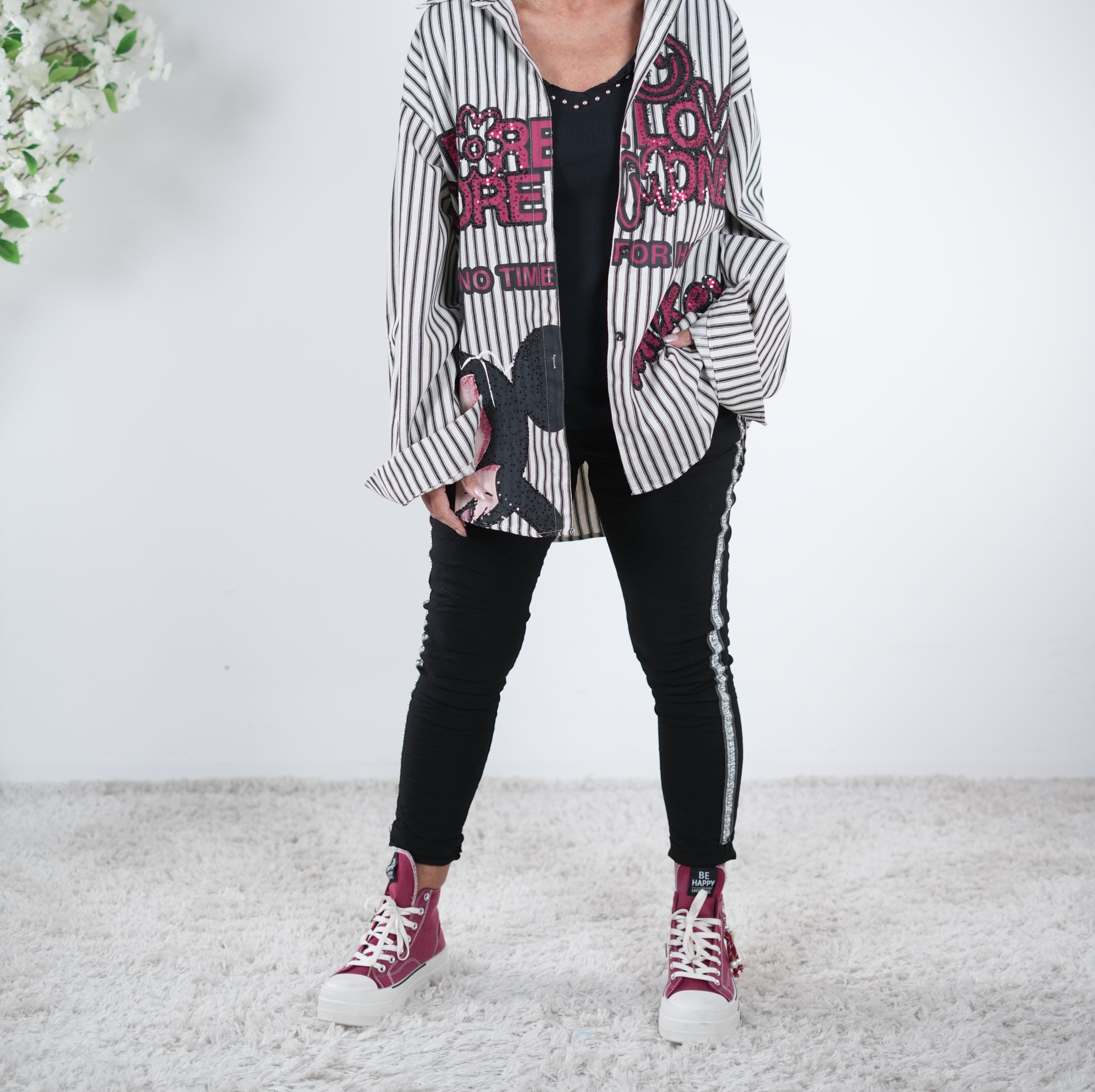 gestreifte Hemdbluse mit Pailletten verziert