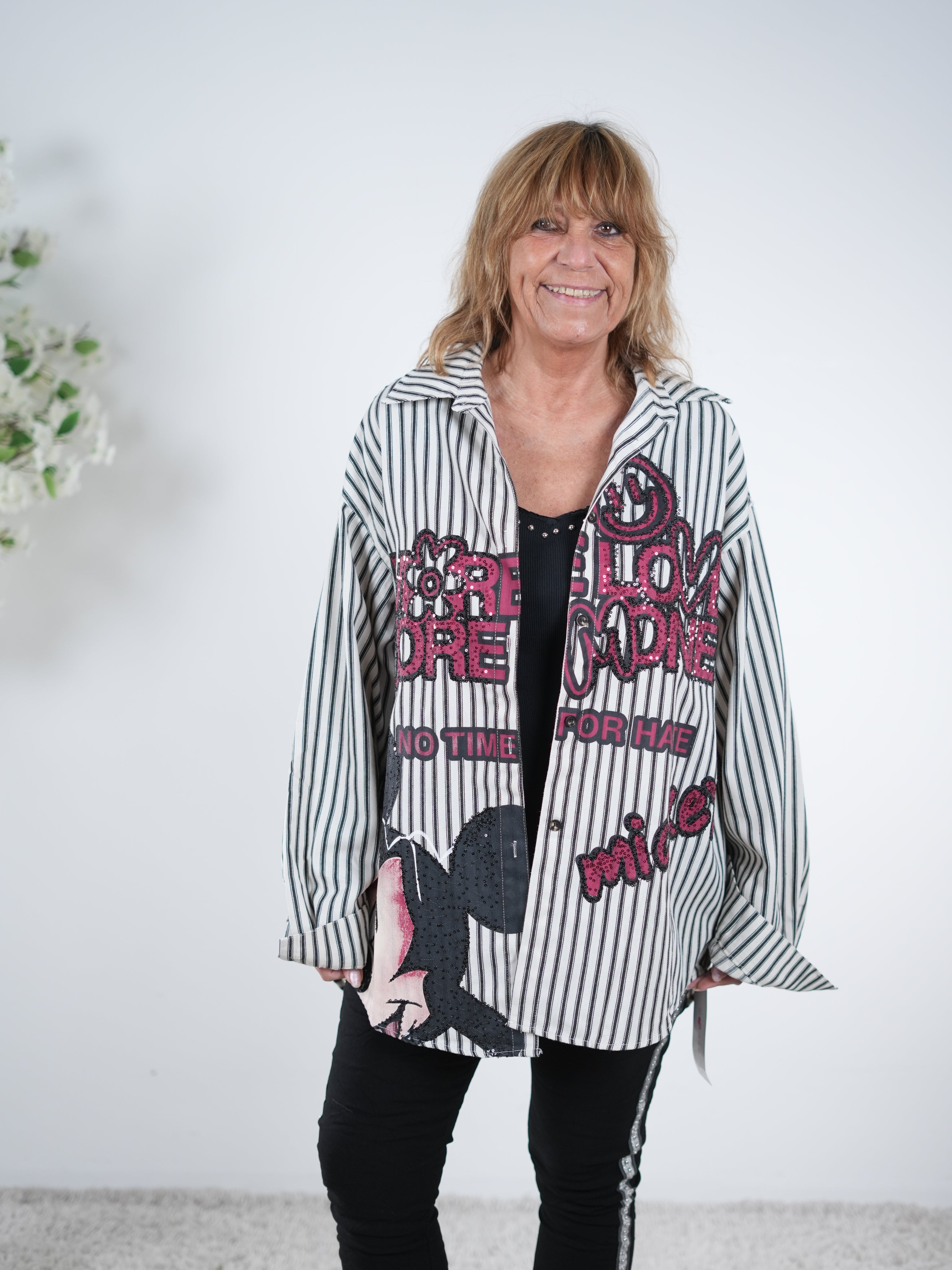 gestreifte Hemdbluse mit Pailletten verziert