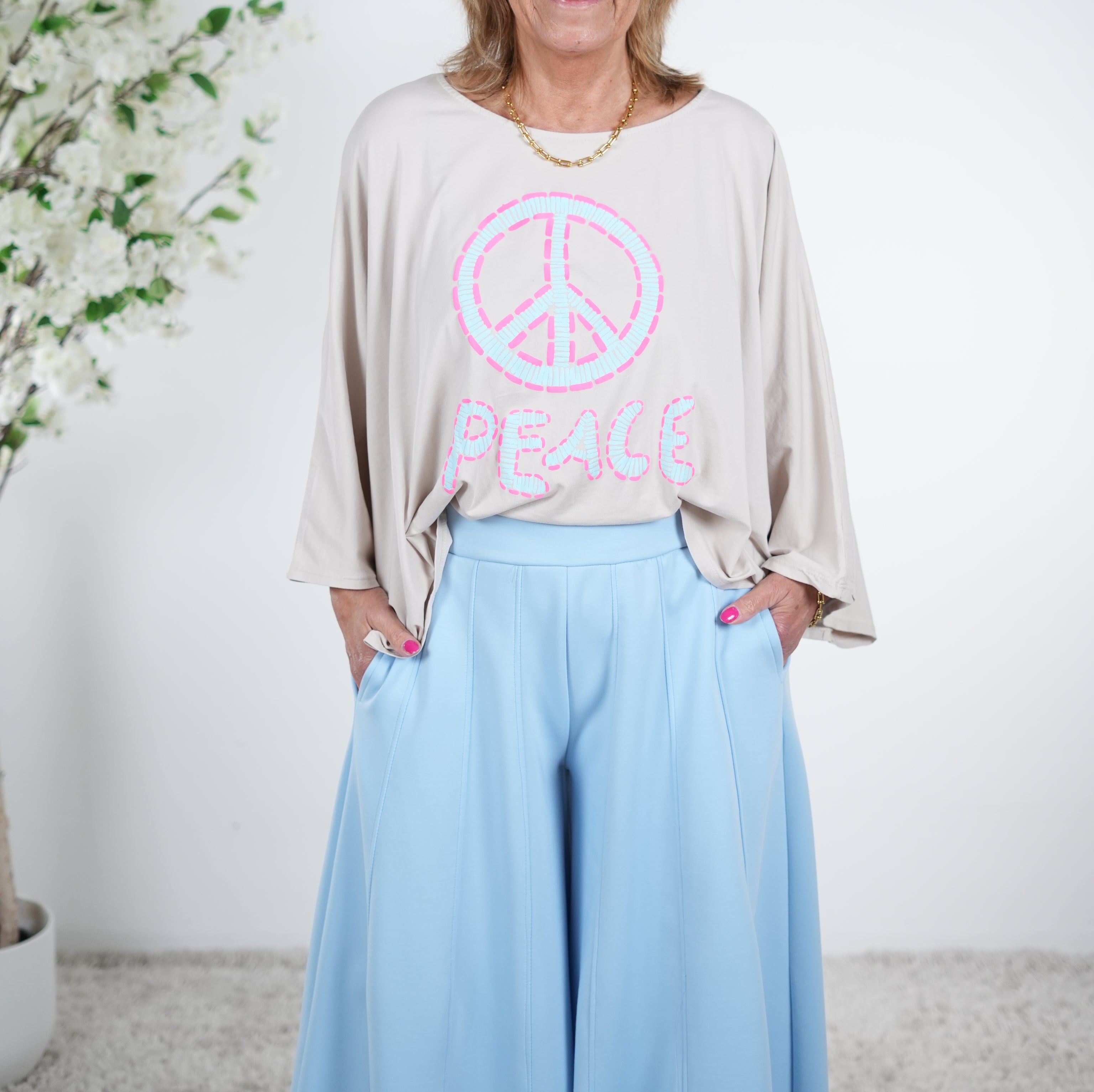 Lässiger Poncho mit "Peace" Print One Size (ca Gr. 38-44 46) Beige