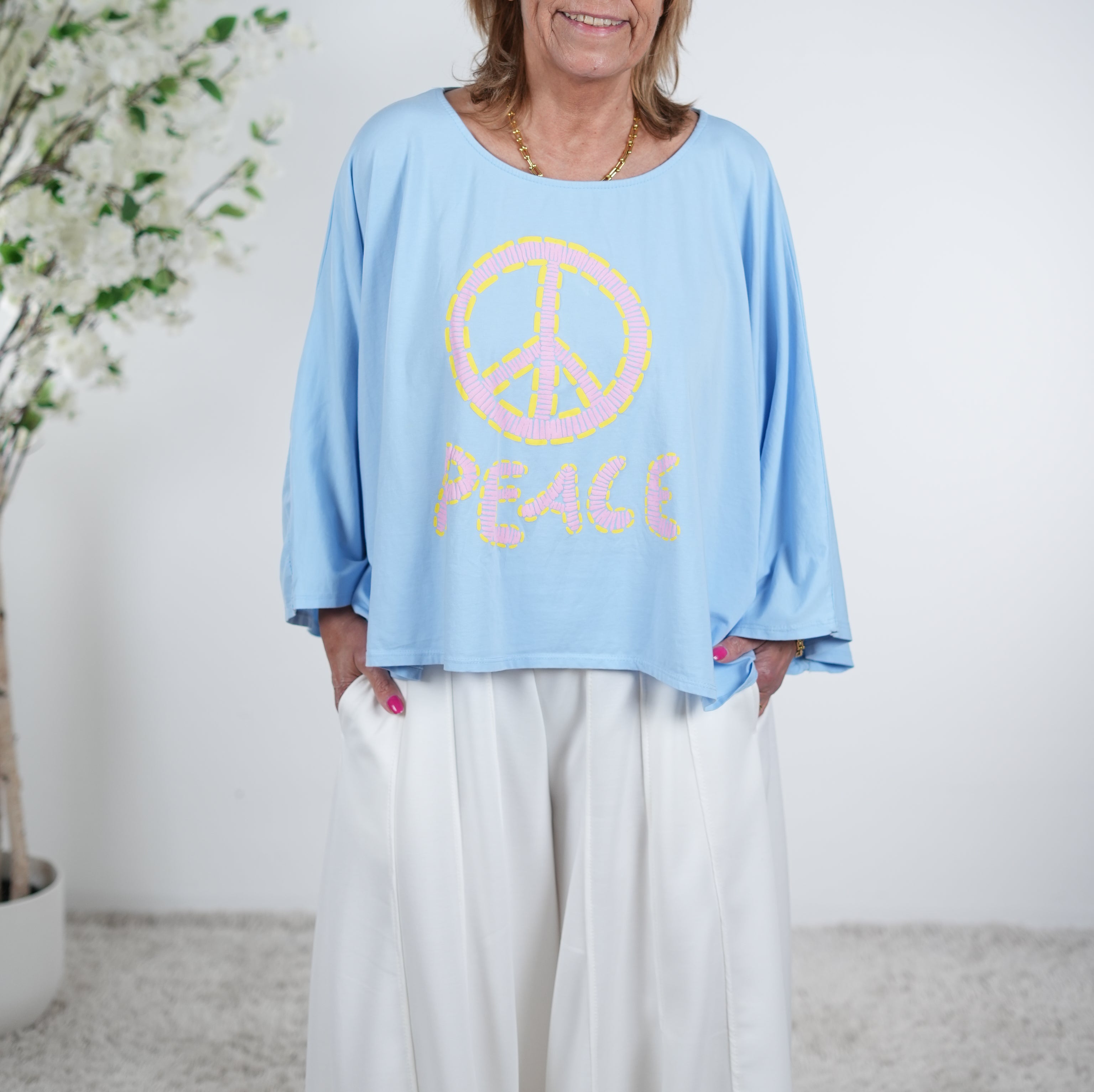 Lässiger Poncho mit "Peace" Print One Size (ca Gr. 38-44 46) Blau