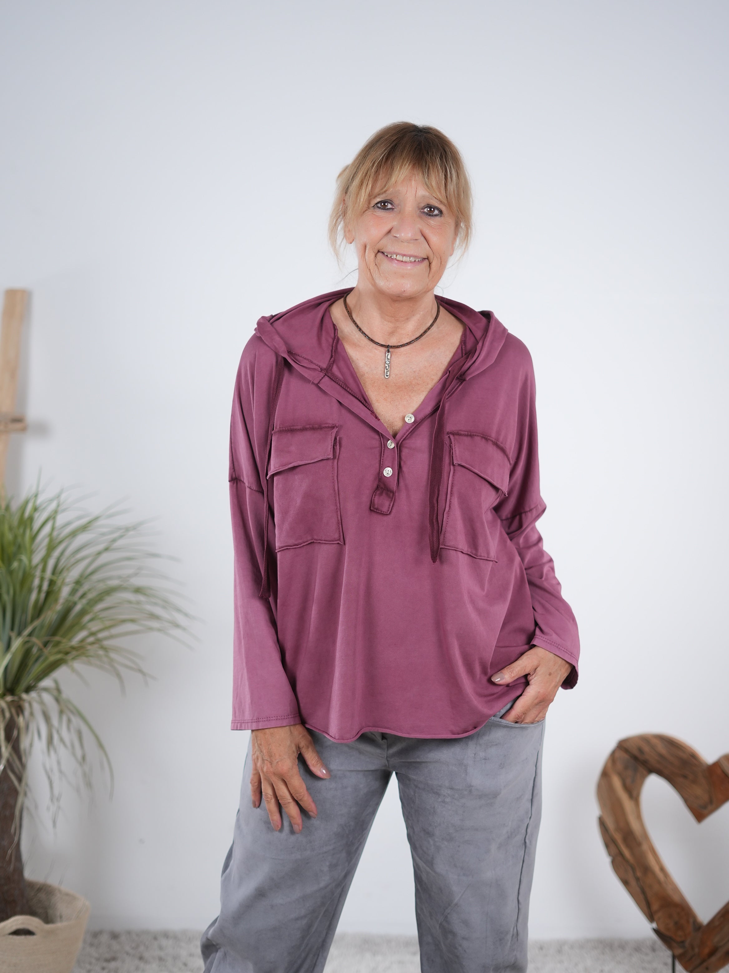 lässiges langarm Shirt mit aufgesetzten Taschen Bordeaux