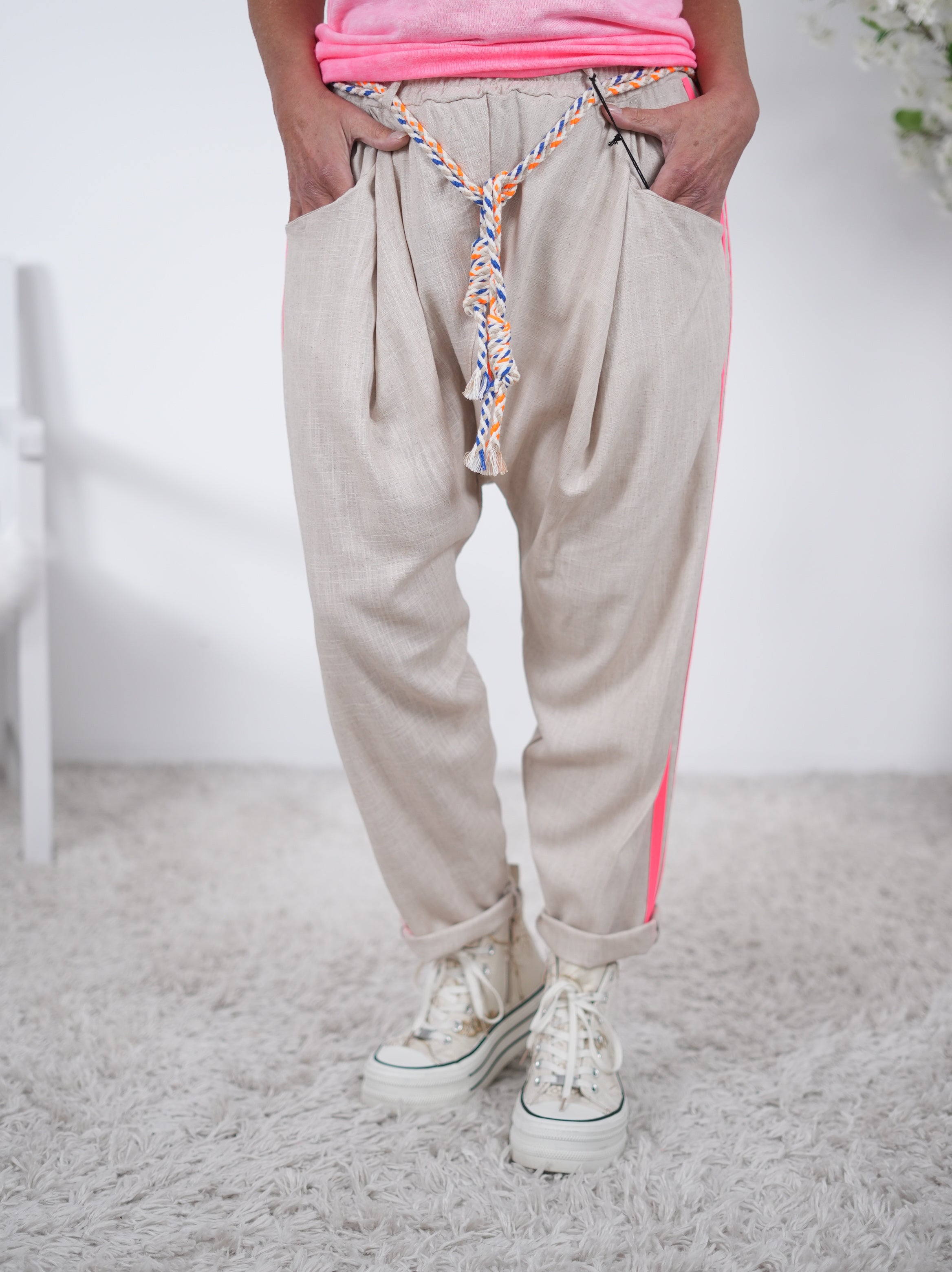 leichte Leinen Baggy mit Streifen Einheitsgröße (ca Gr. 38-42 44) Hummer (neon)