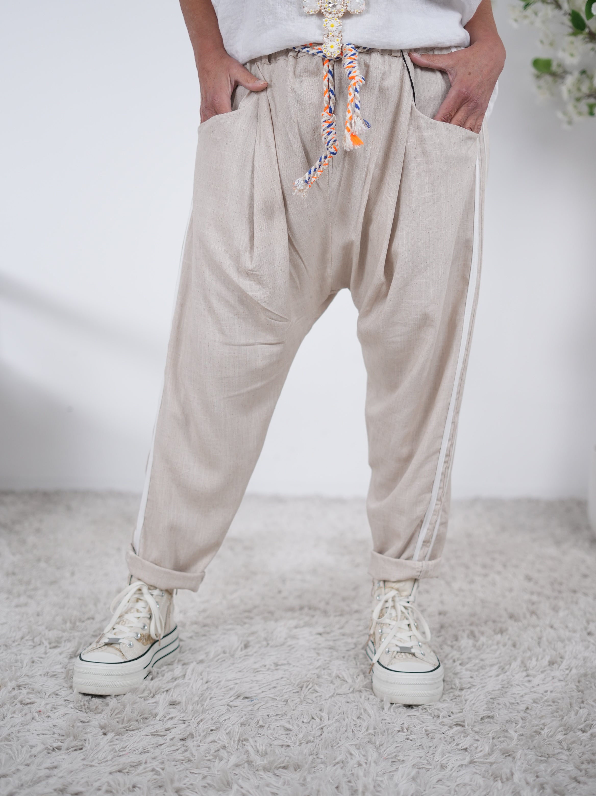 leichte Leinen Baggy mit Streifen Einheitsgröße (ca Gr. 38-42 44) Weiß