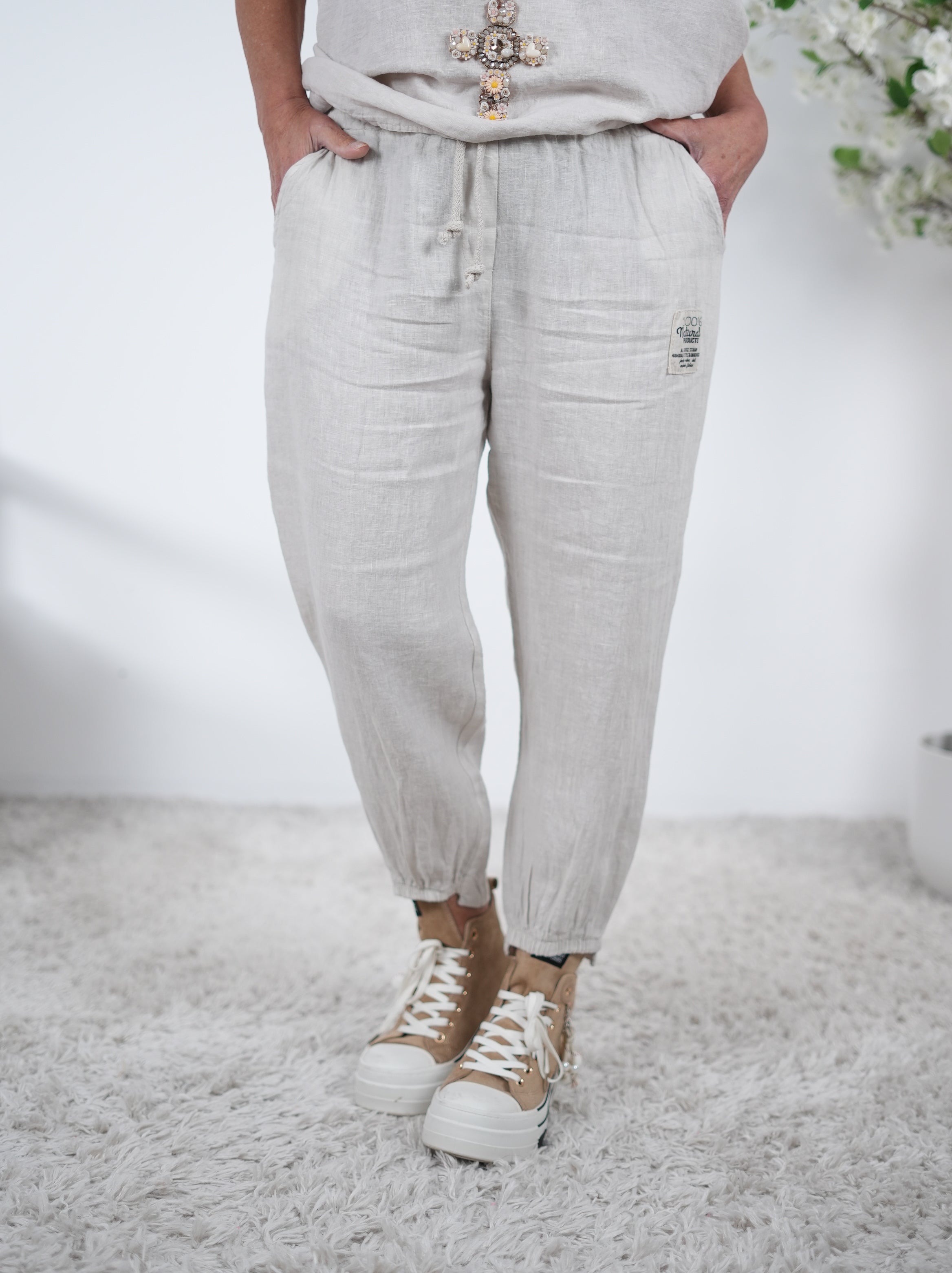 Luftige Leinen Pants mit Gummibund am Beinabschluss Einheitsgröße (ca Gr. 38-42) Beige