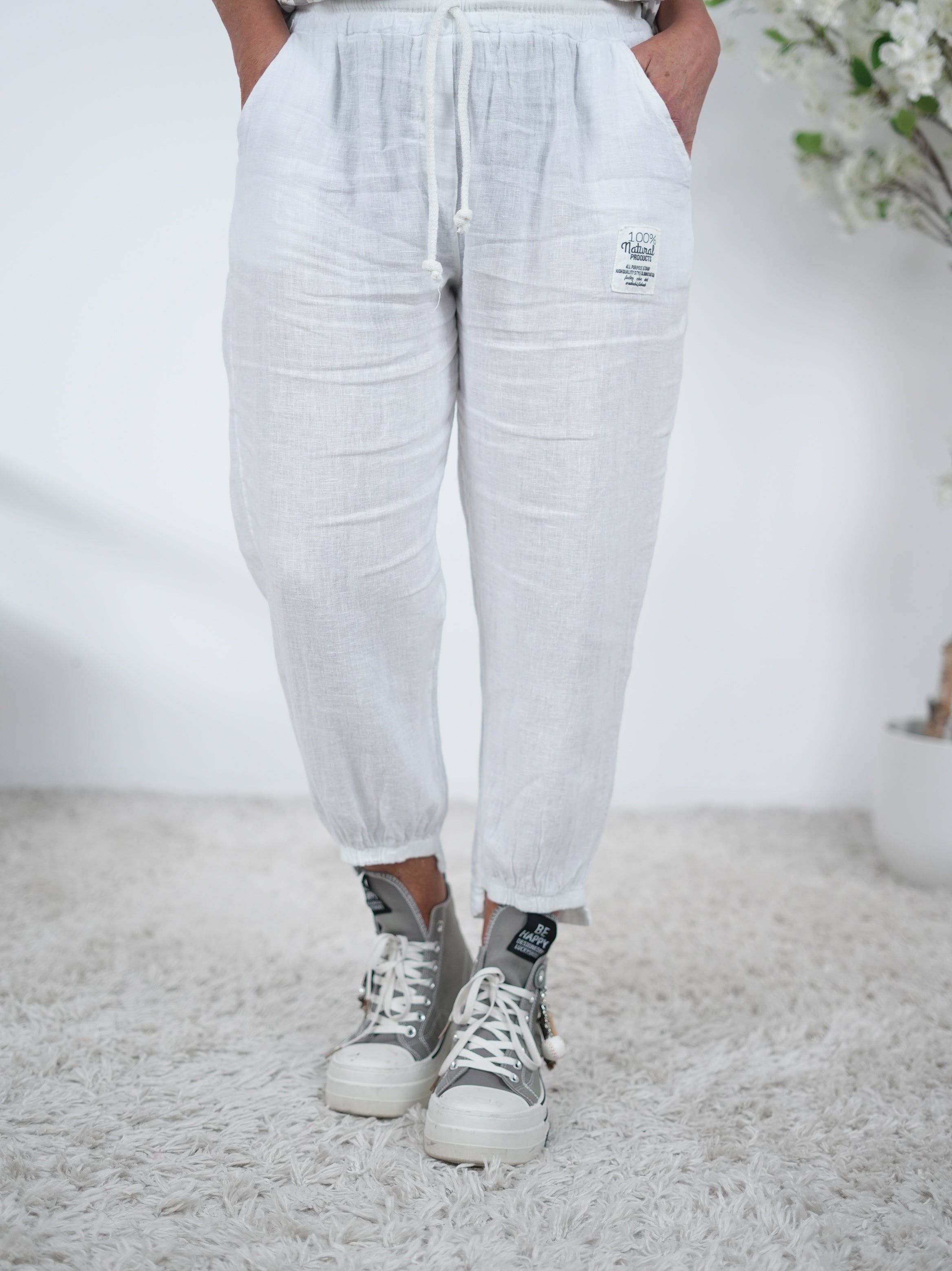 Luftige Leinen Pants mit Gummibund am Beinabschluss Einheitsgröße (ca Gr. 38-42) Weiß