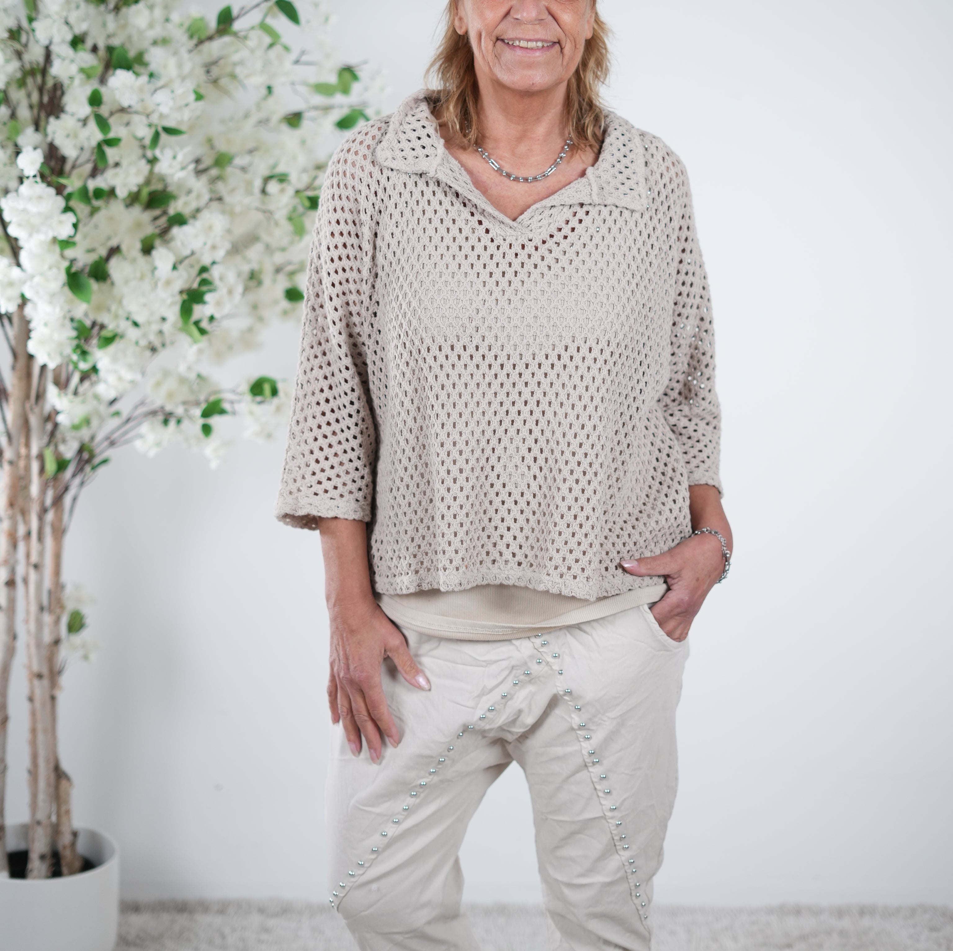 leichter Häkelpulli mit V-Ausschnitt One Size (ca Größe 38-42) Beige