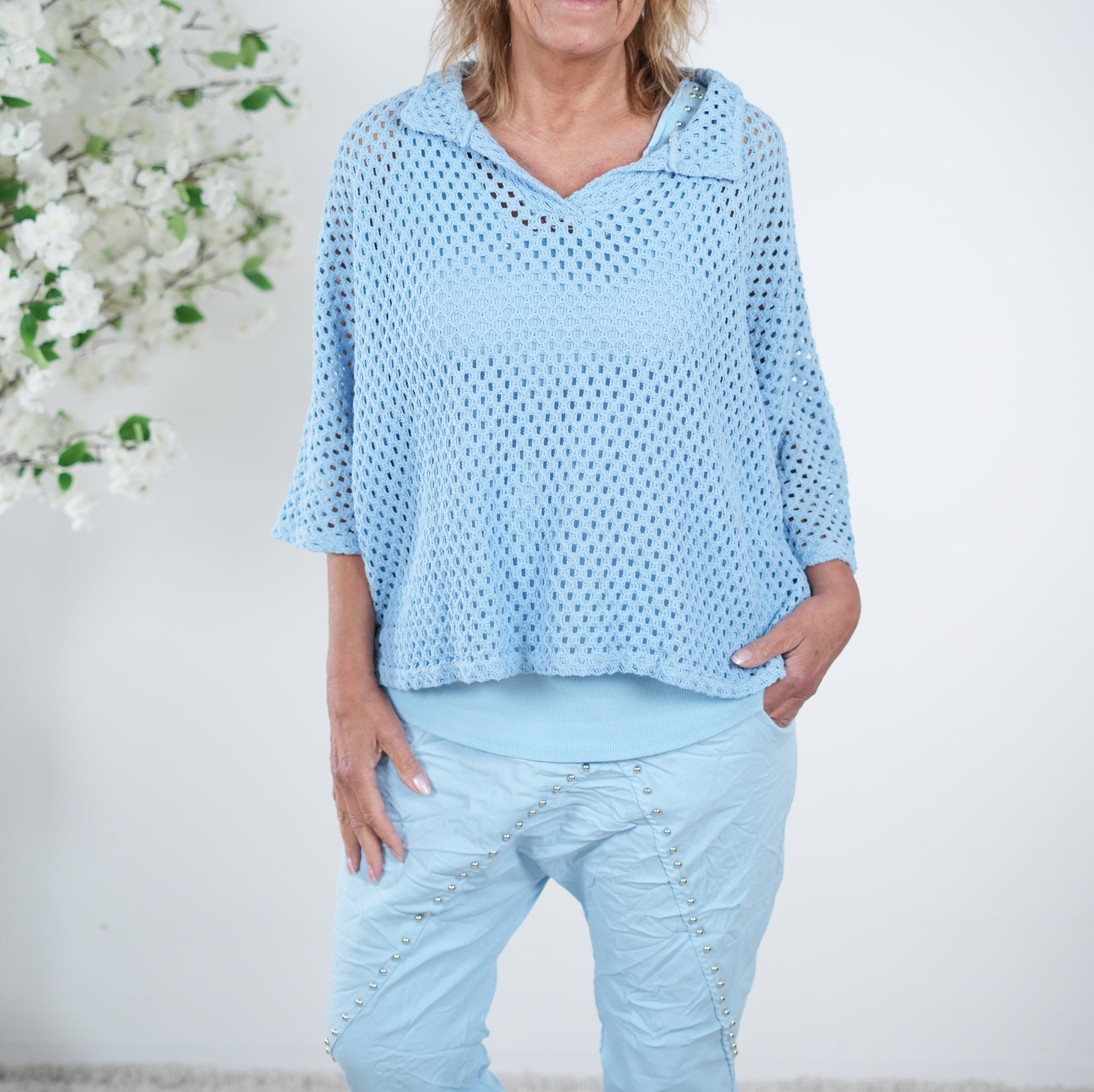 leichter Häkelpulli mit V-Ausschnitt One Size (ca Größe 38-42) Blau