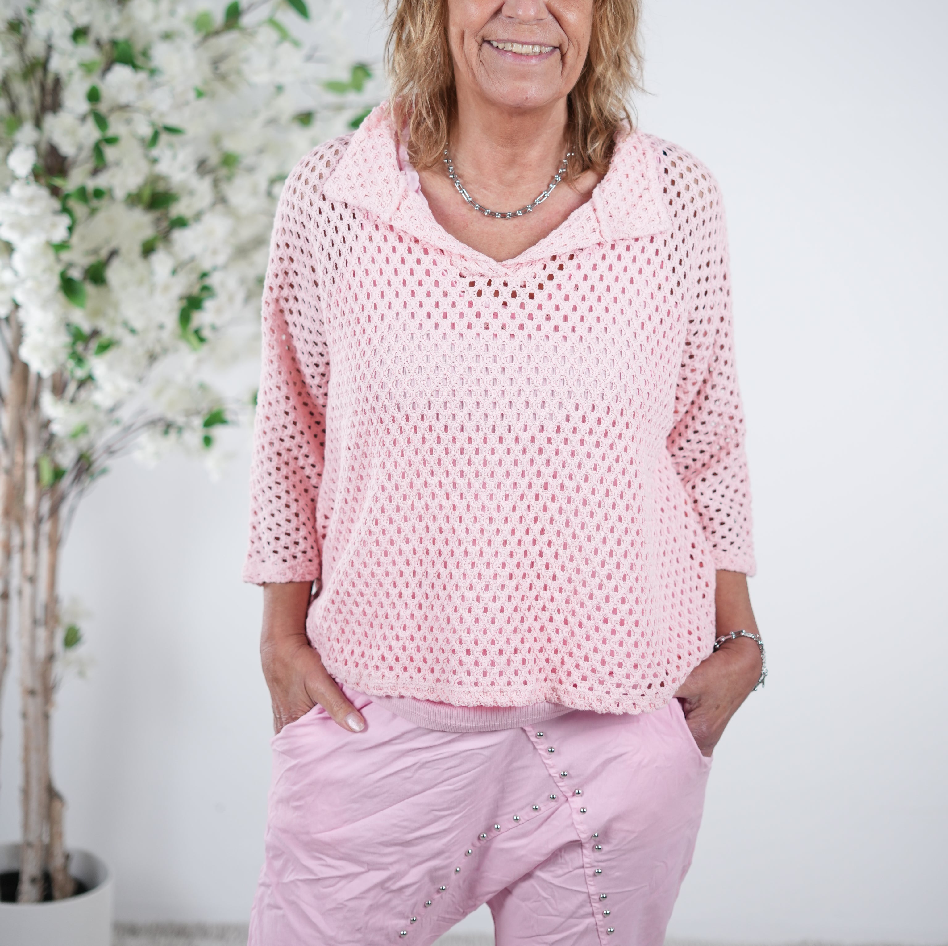 leichter Häkelpulli mit V-Ausschnitt One Size (ca Größe 38-42) Rosa