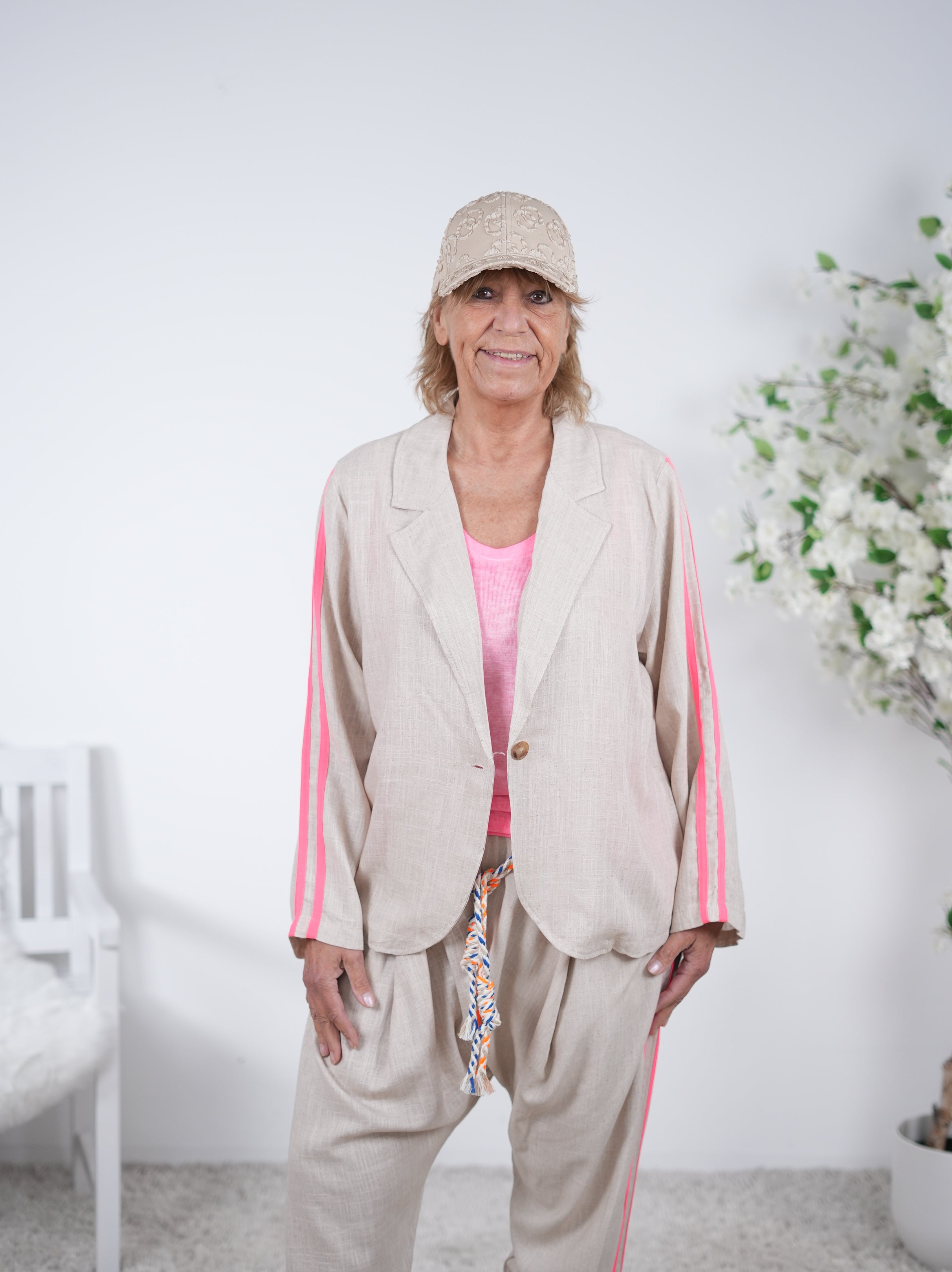 leichter Leinen Blazer mit Streifen Einheitsgröße (ca Gr. 38 "oversize"-42 44) Hummer (neon)