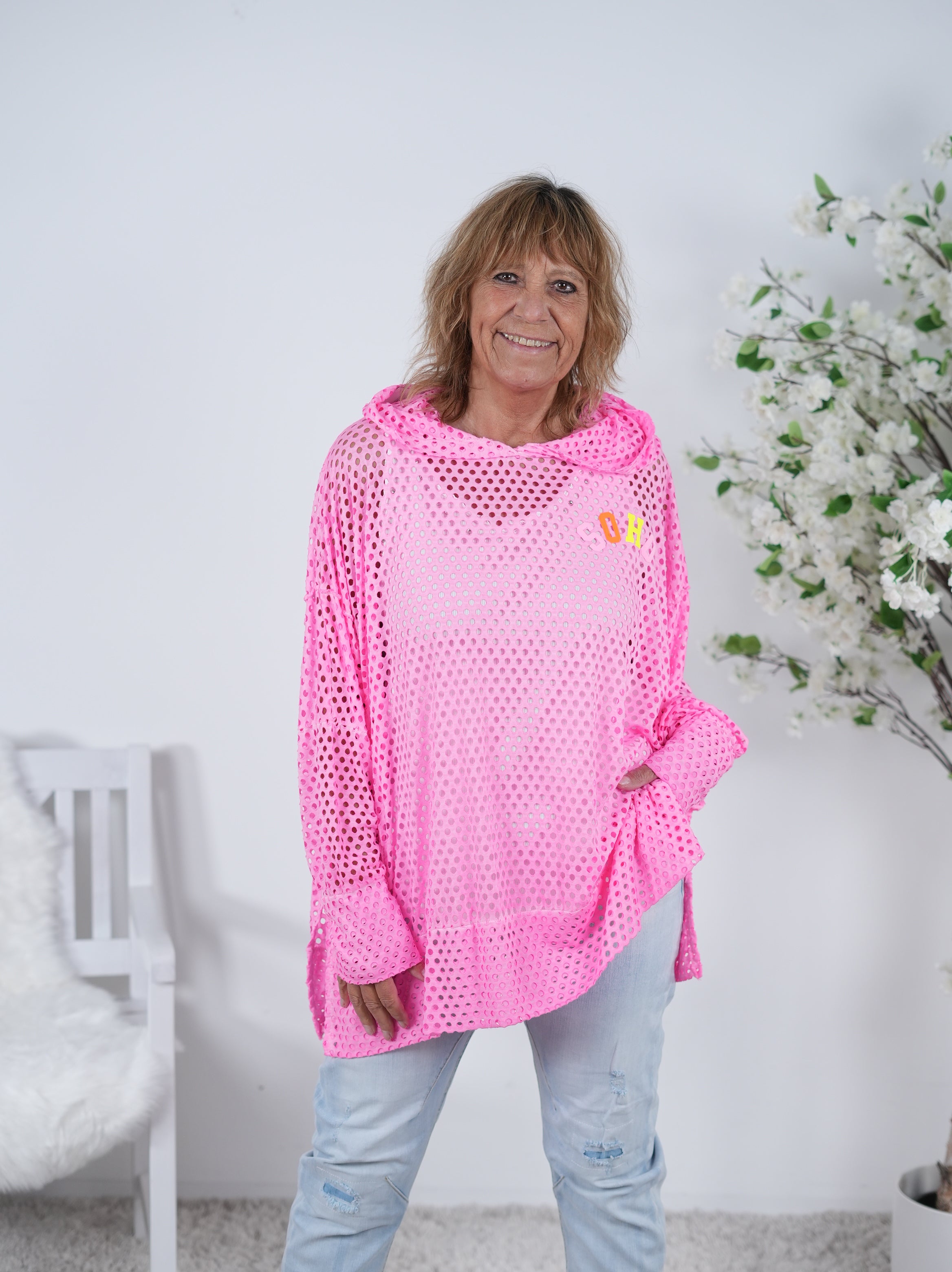 Leichter Netz Hoody mit bunten Buchstaben Einheitsgröße (ca Gr. 42 "oversize"-46 48) Neonpink