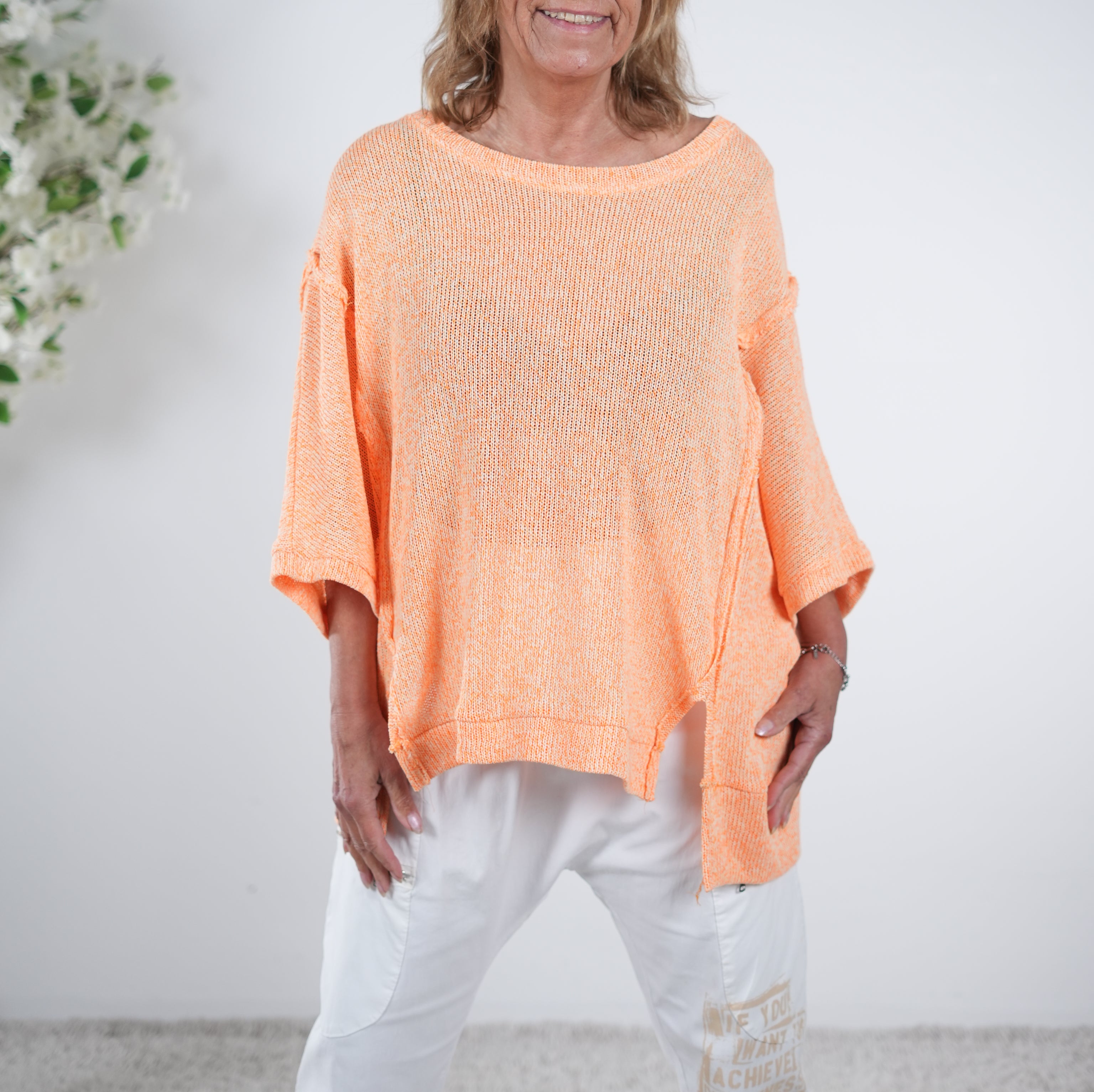 Leichter Strickpulli mit Außennähten, meliert One Size (ca Gr. 40 "oversize"-46) Orange