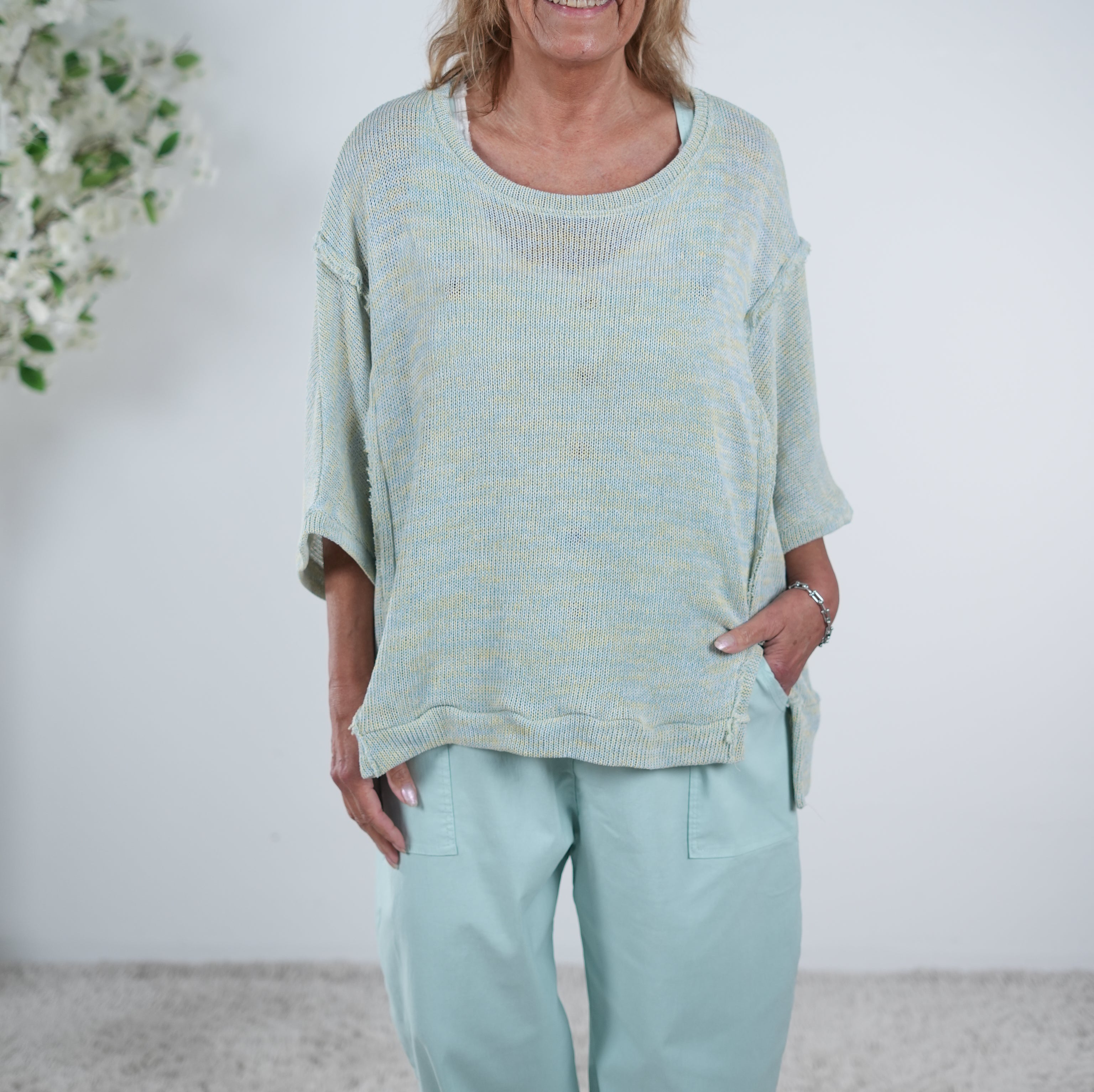 Leichter Strickpulli mit Außennähten, meliert One Size (ca Gr. 40 "oversize"-46) Türkis