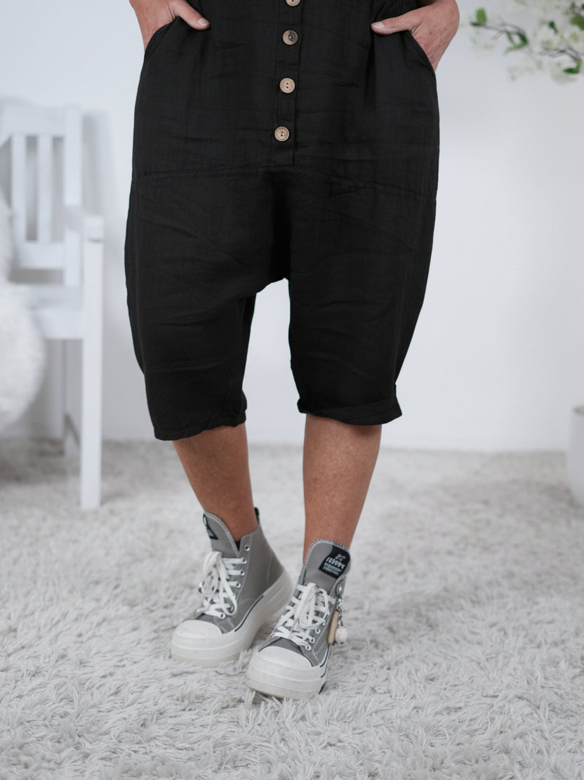 Leinen Baggy mit Knopfleiste Schwarz