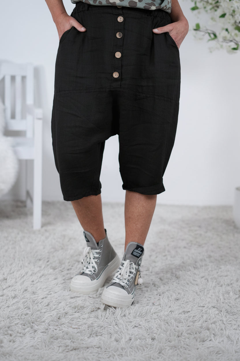 Leinen Baggy mit Knopfleiste Schwarz