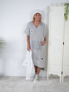 Leinen Kleid im Materialmix mit Ösen
