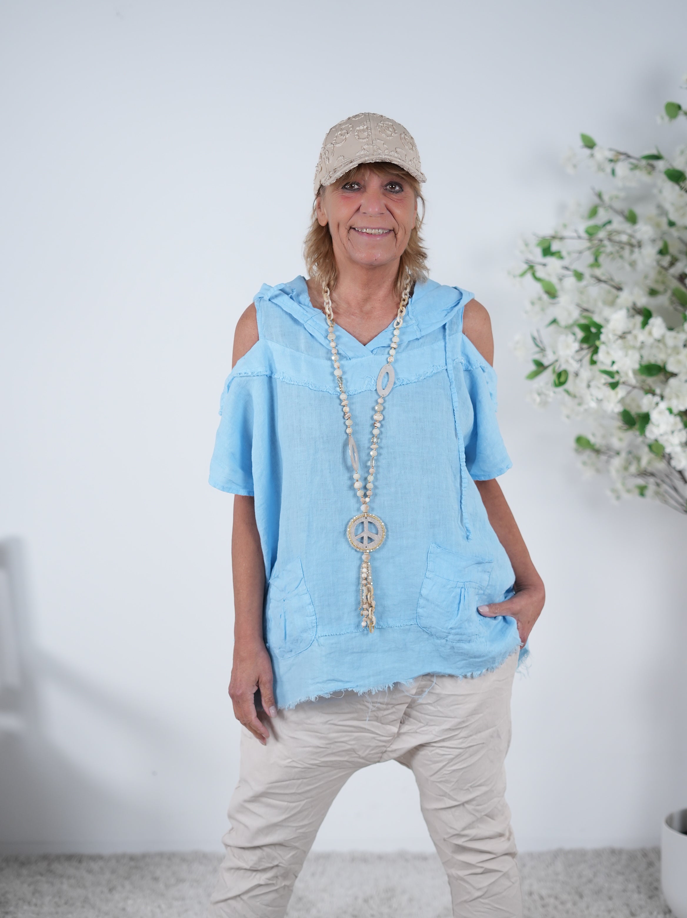 Leinen Oberteil mit Cut-Outs und Kapuze Einheitsgröße (ca Gr. 38-44) Blau