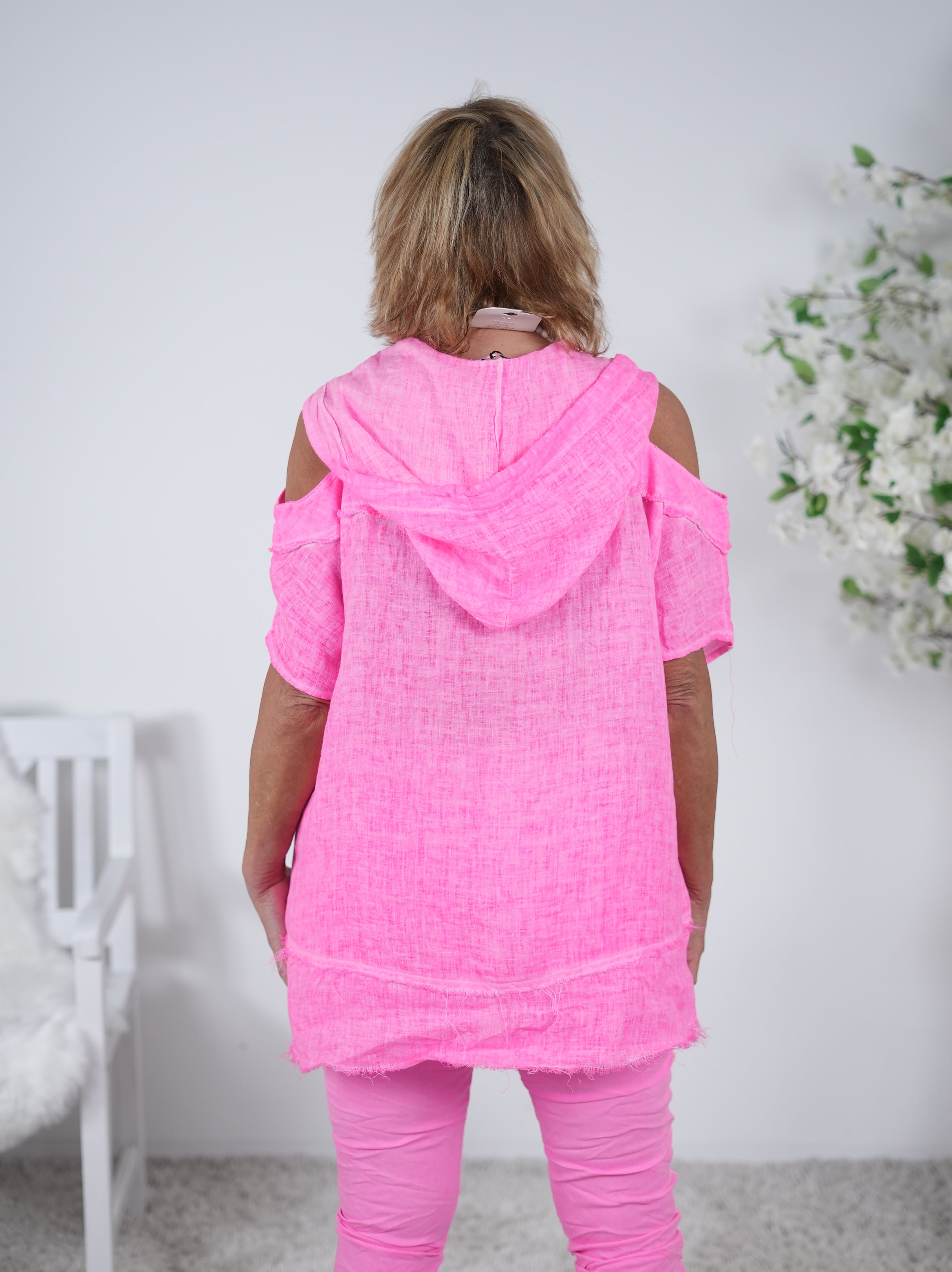 Leinen Oberteil mit Cut-Outs und Kapuze