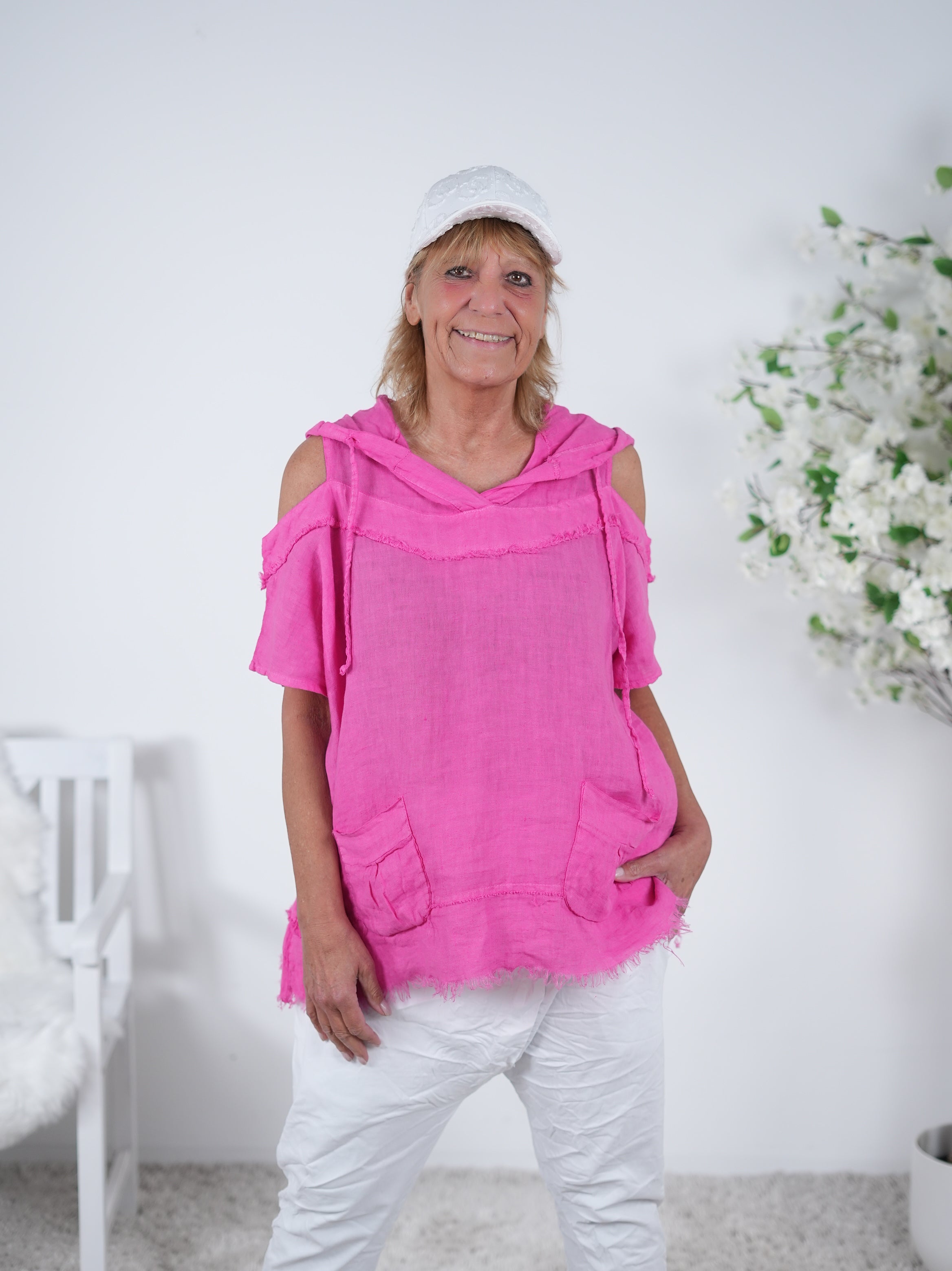 Leinen Oberteil mit Cut-Outs und Kapuze Einheitsgröße (ca Gr. 38-44) Pink
