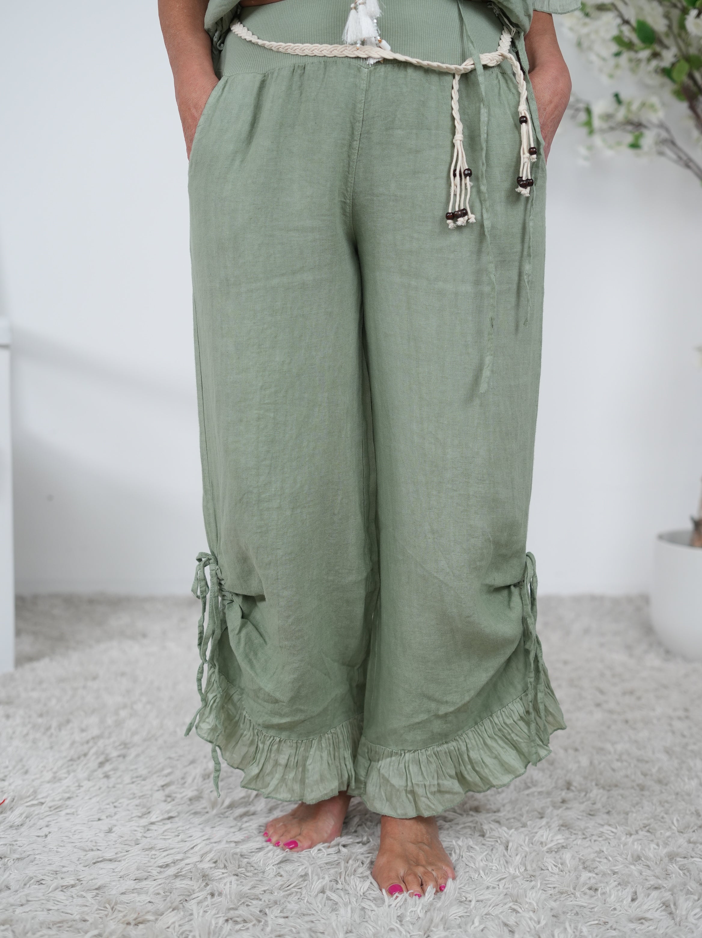 lockere Leinen Pants mit Raffung Einheitsgröße (ca Gr. 38-42) Olive