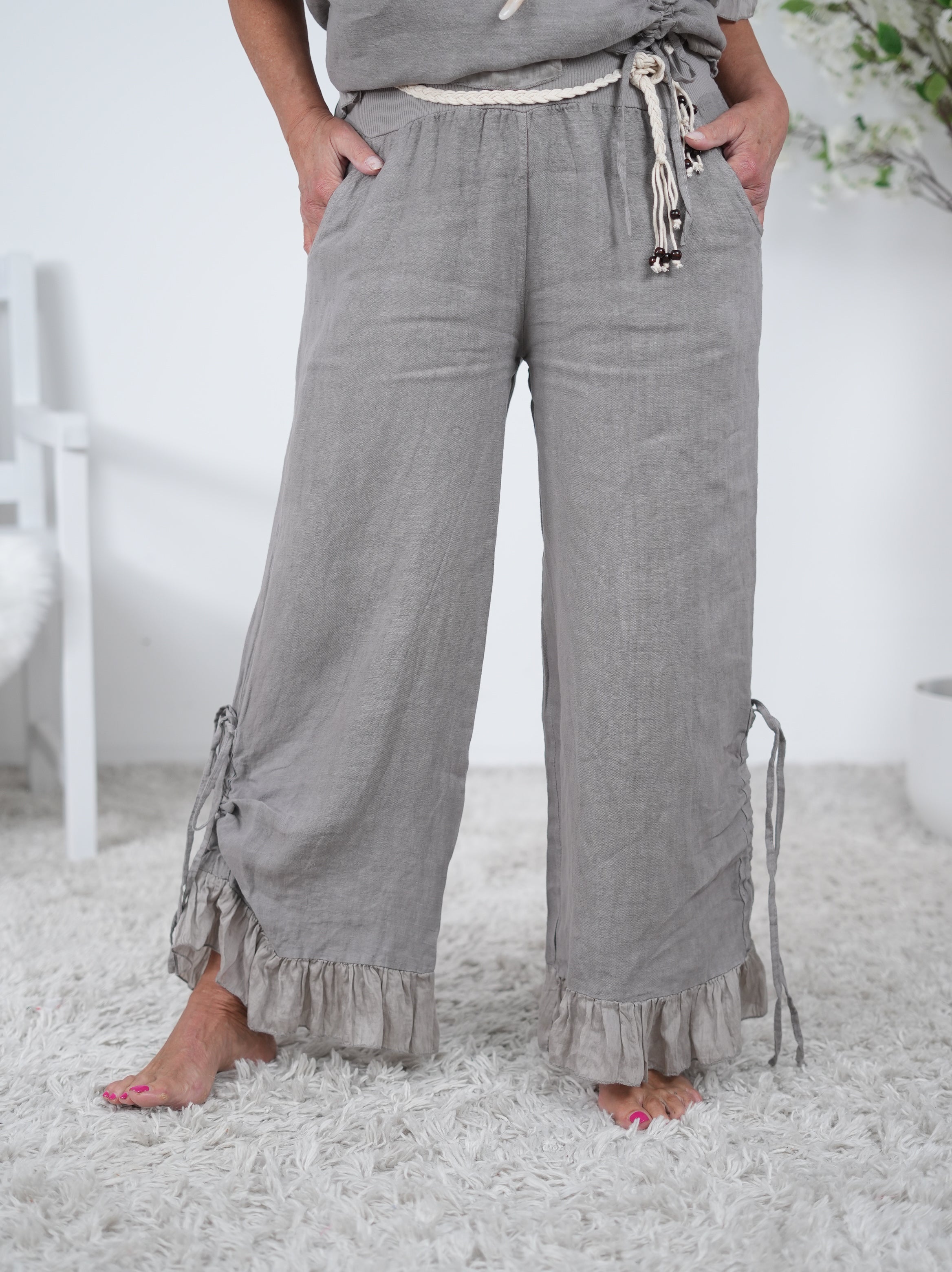 lockere Leinen Pants mit Raffung Einheitsgröße (ca Gr. 38-42) Taupe