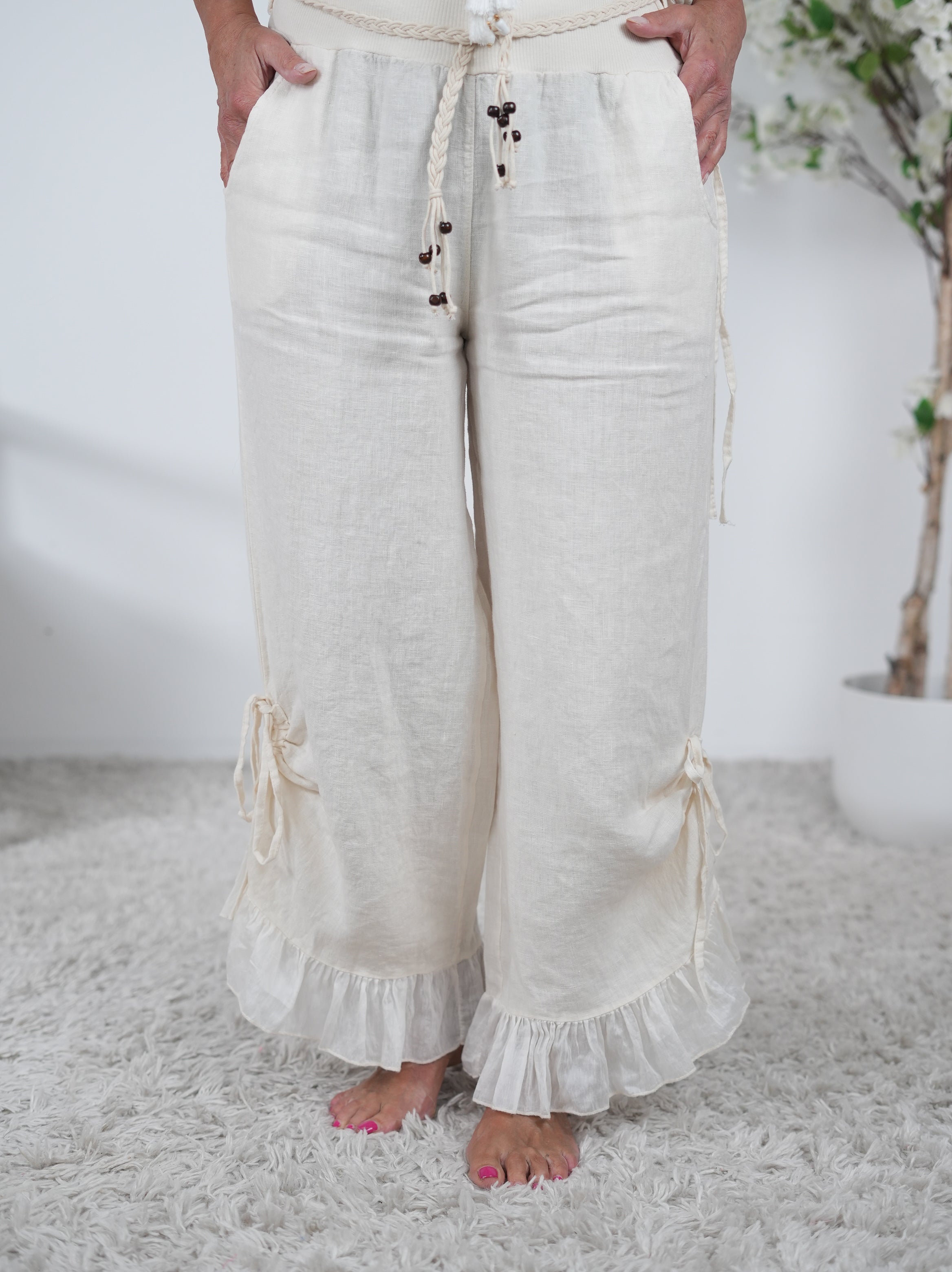 lockere Leinen Pants mit Raffung Einheitsgröße (ca Gr. 38-42) Vanille