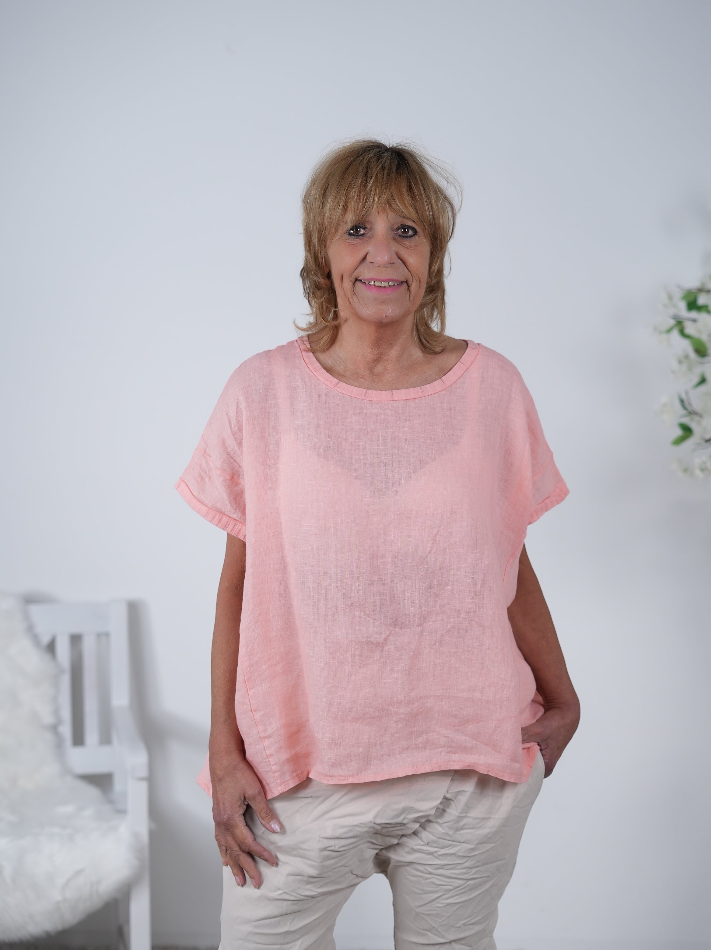Lockeres Leinen Shirt mit Rundhalsausschnitt Einheitsgröße (ca Gr. 38 "oversize"-44) Lachs