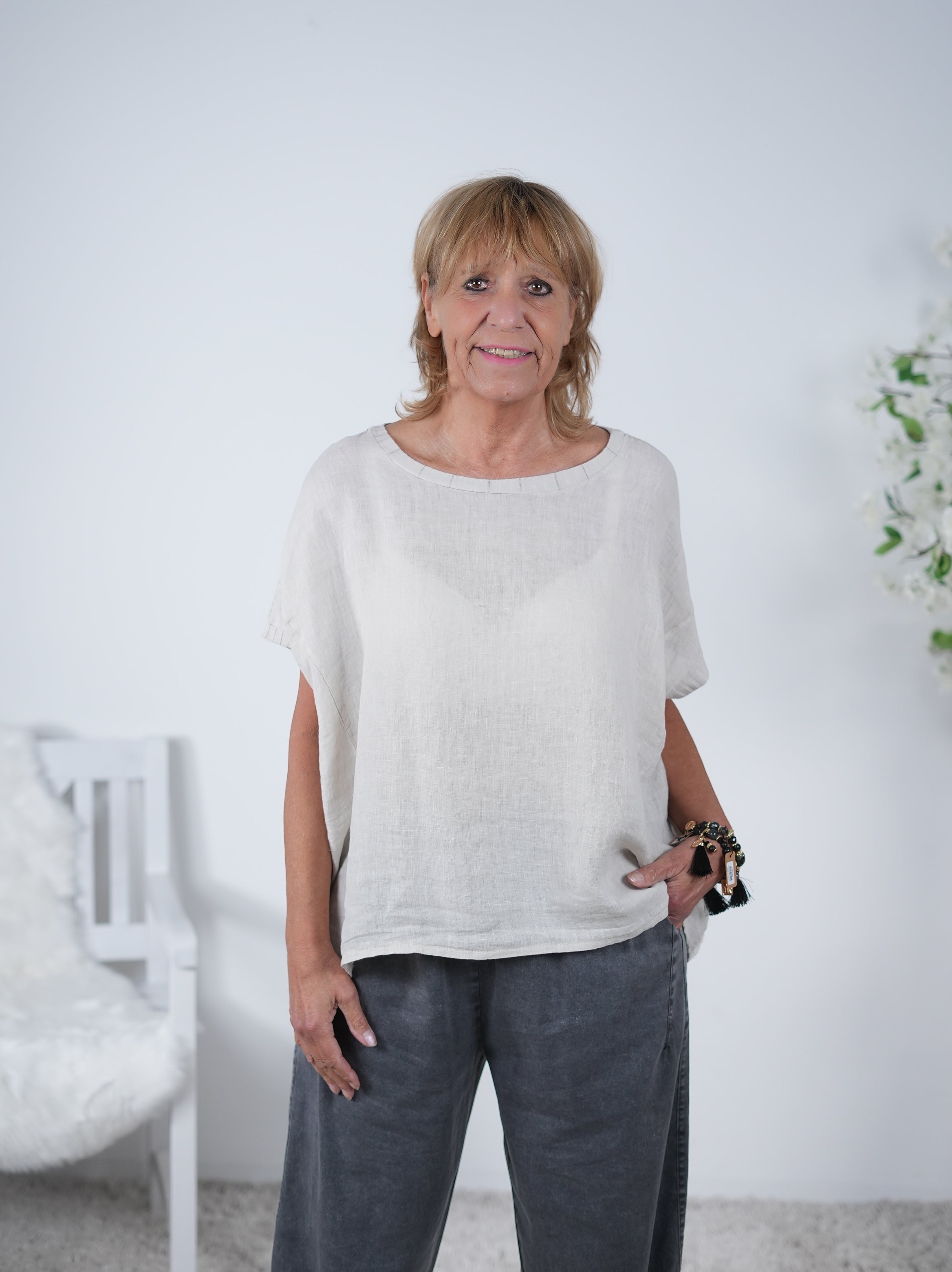 Lockeres Leinen Shirt mit Rundhalsausschnitt Einheitsgröße (ca Gr. 38 "oversize"-44) Beige