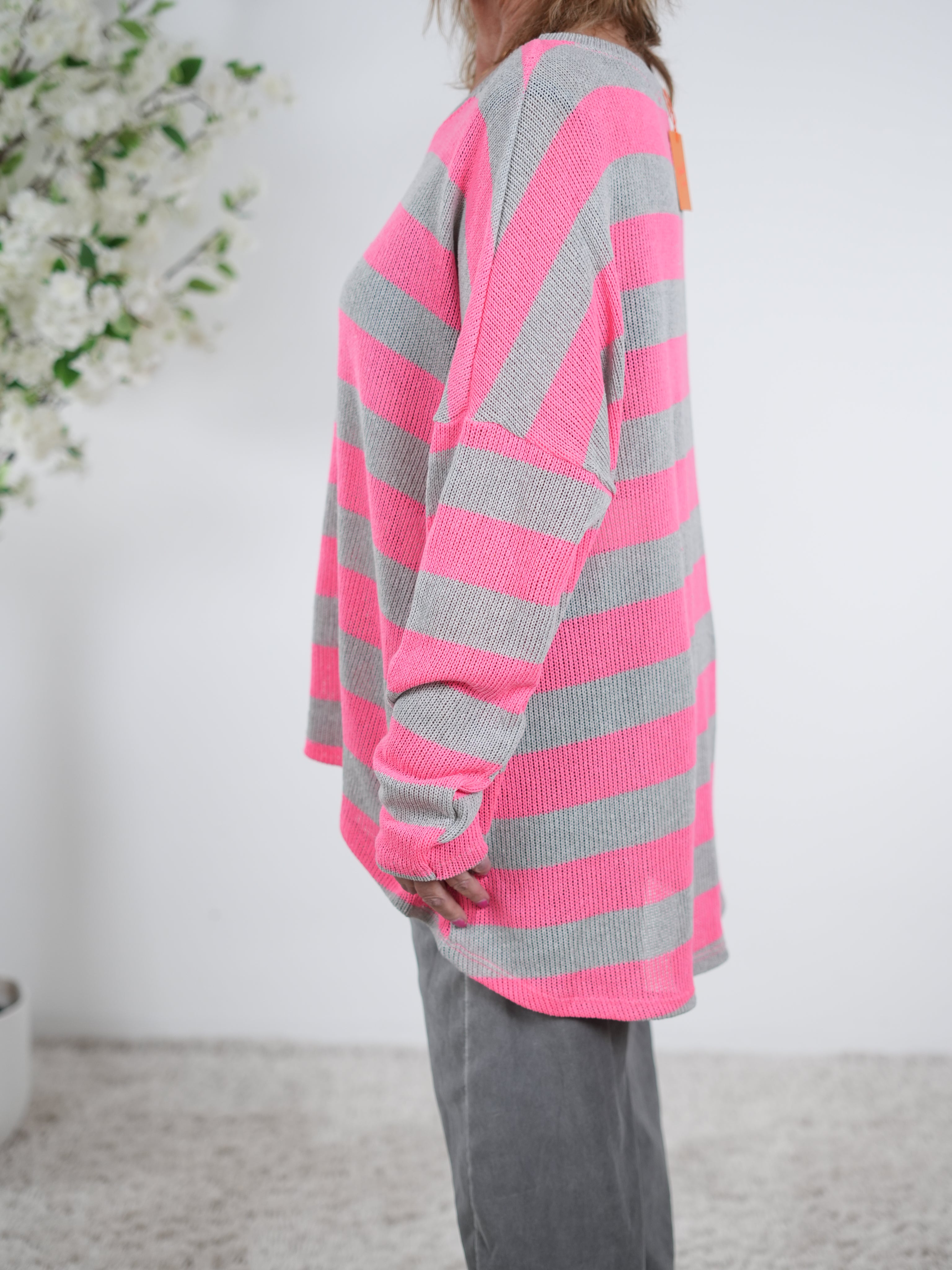 Long Strickpulli mit Rundhalsausschnitt, gestreift