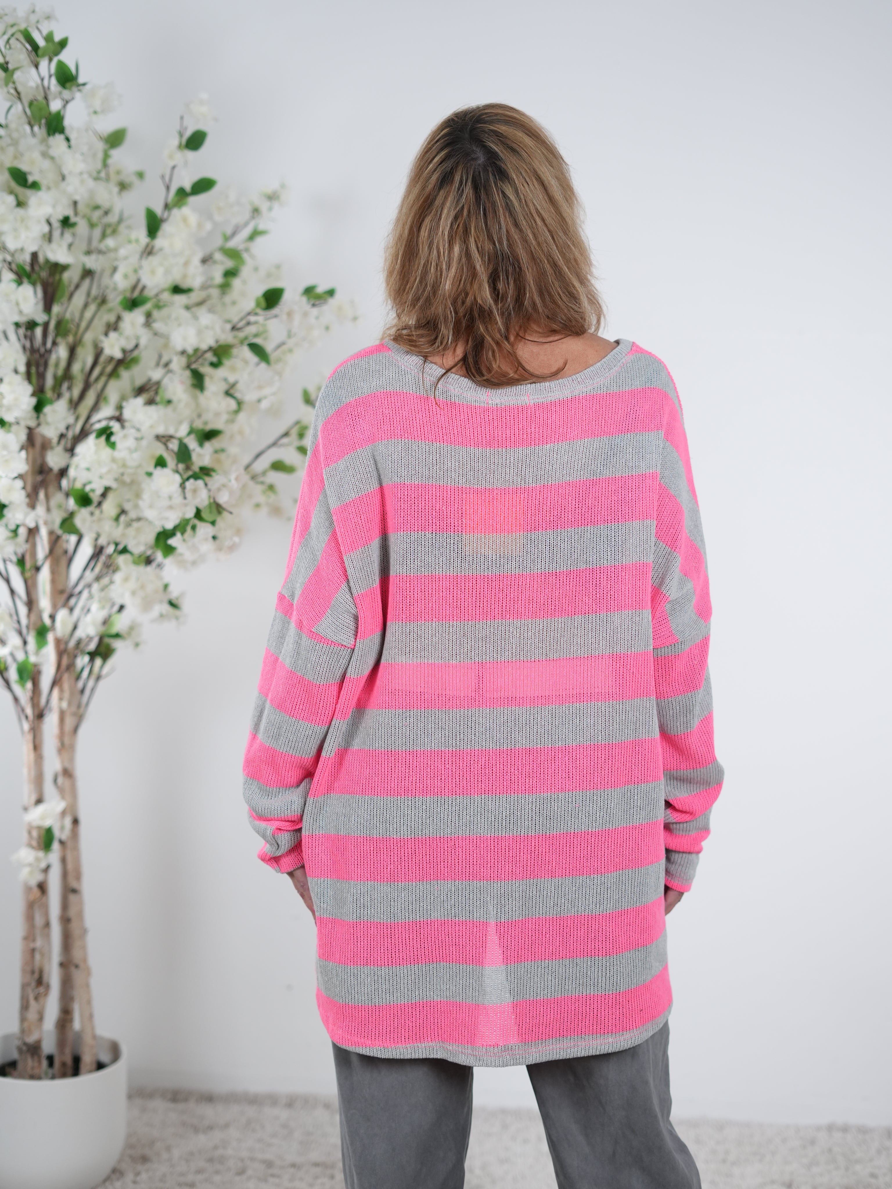 Long Strickpulli mit Rundhalsausschnitt, gestreift