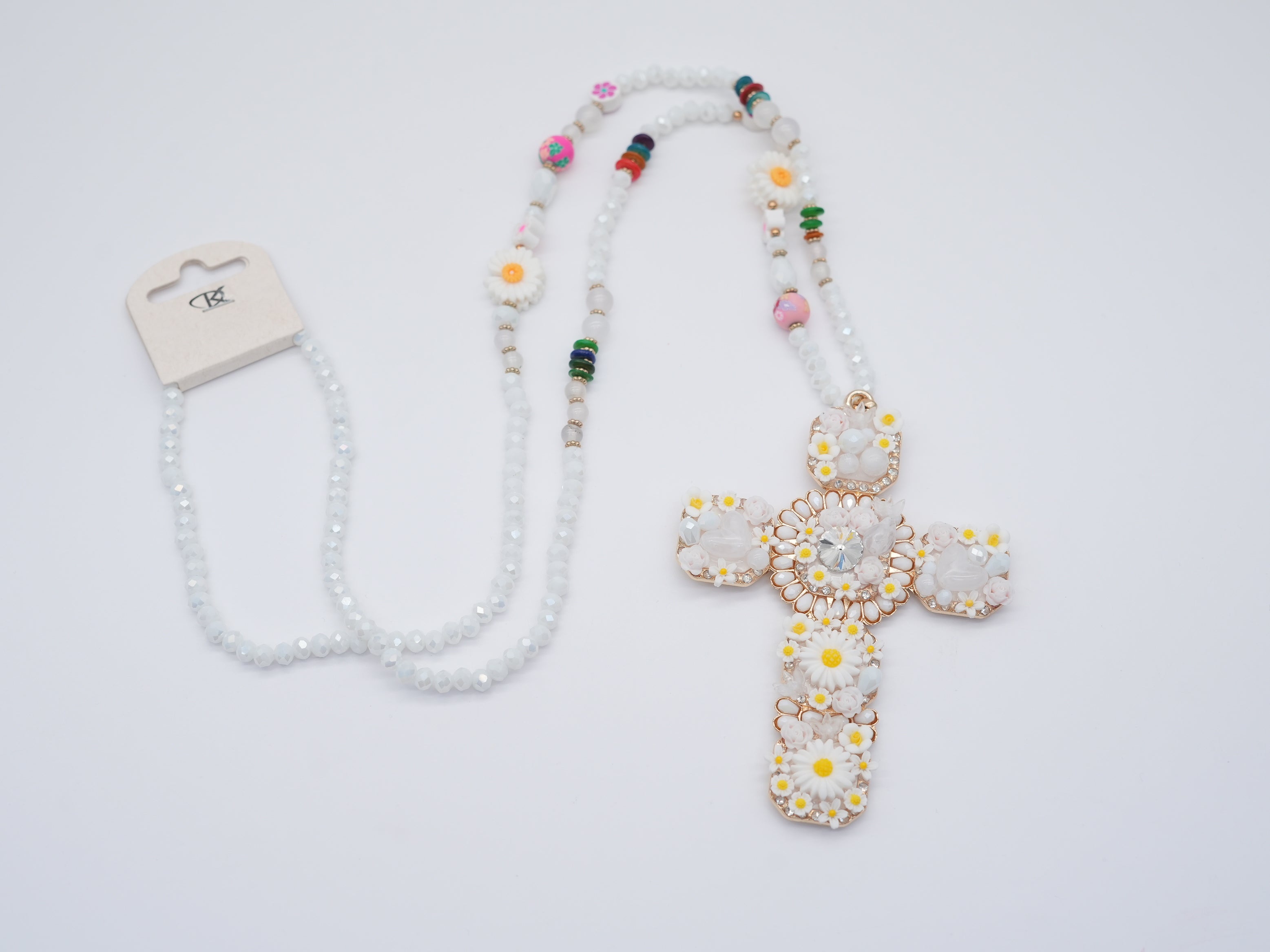 Modeschmuck Kette mit Blümchen und Kreuz Weiß