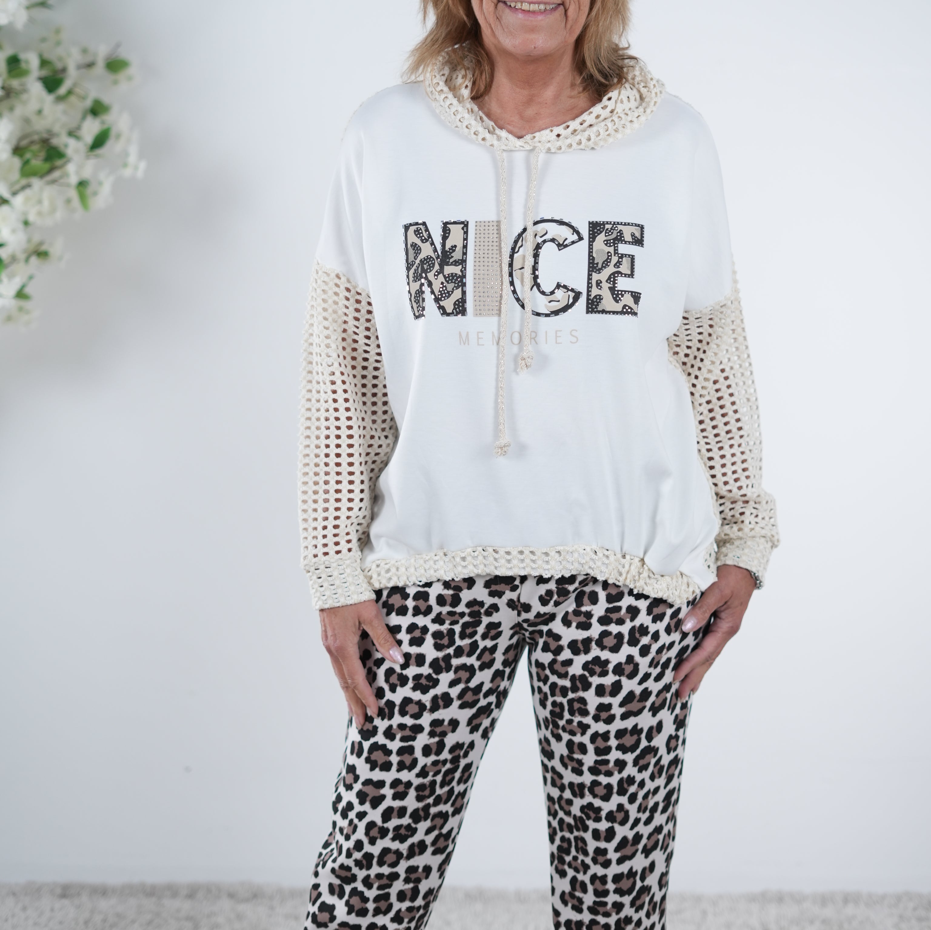 Netz Hoody im Materialmix One Size (ca Gr. 38-44) Beige