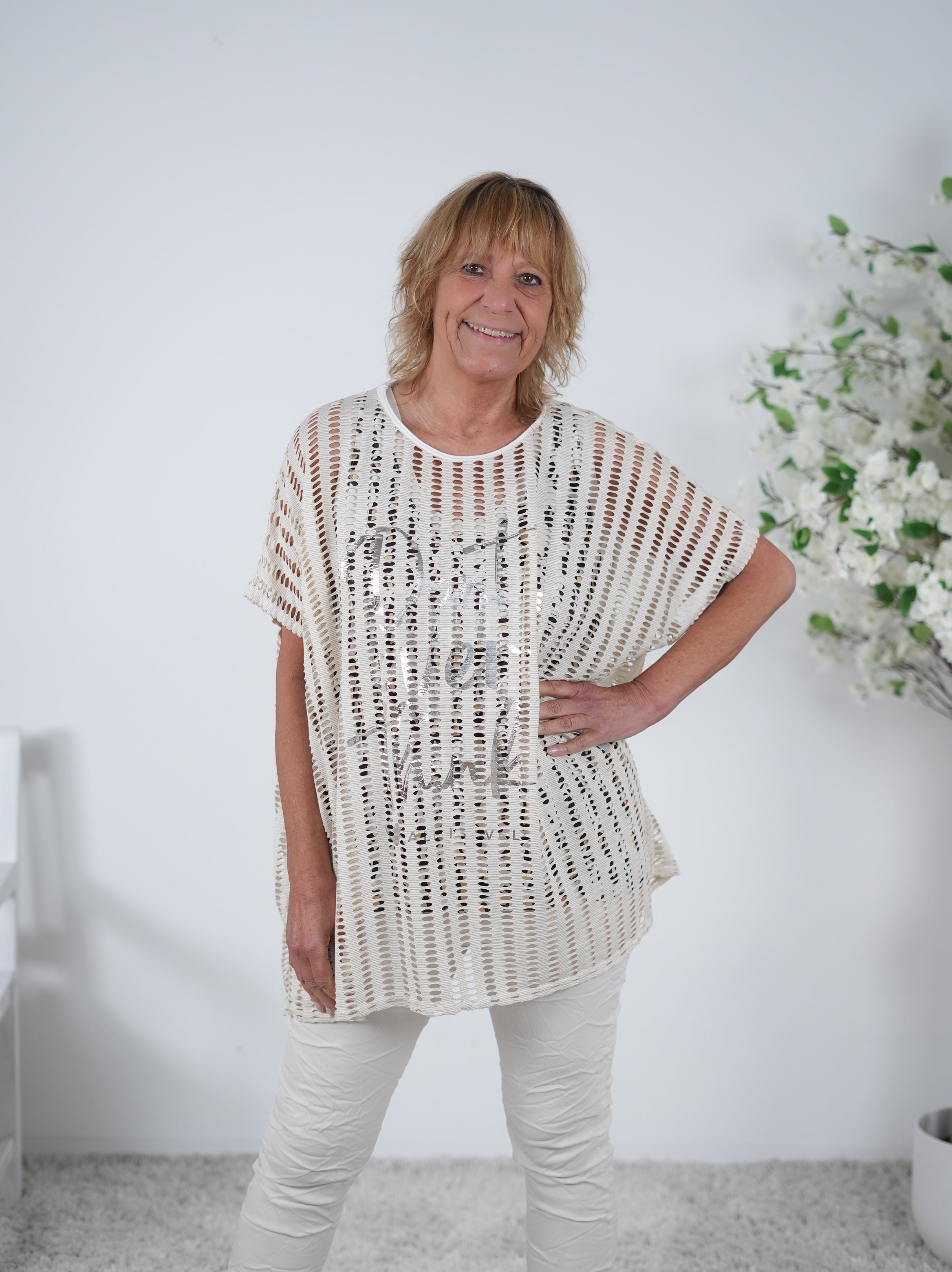 Netz Oberteil mit silbernem Schriftzug Einheitsgröße (ca Gr. 38 "oversize"-46) Beige
