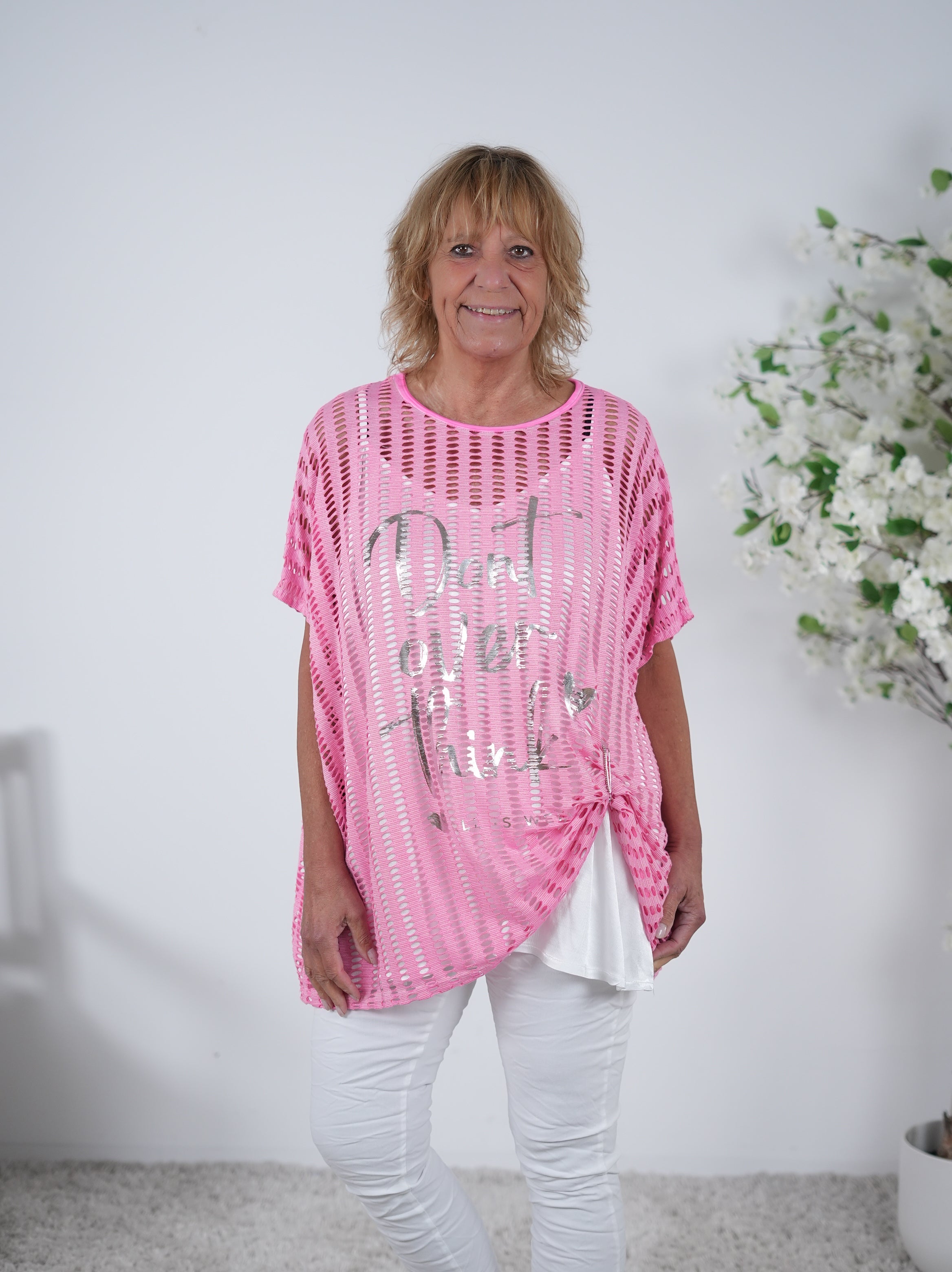 Netz Oberteil mit silbernem Schriftzug Einheitsgröße (ca Gr. 38 "oversize"-46) Pink