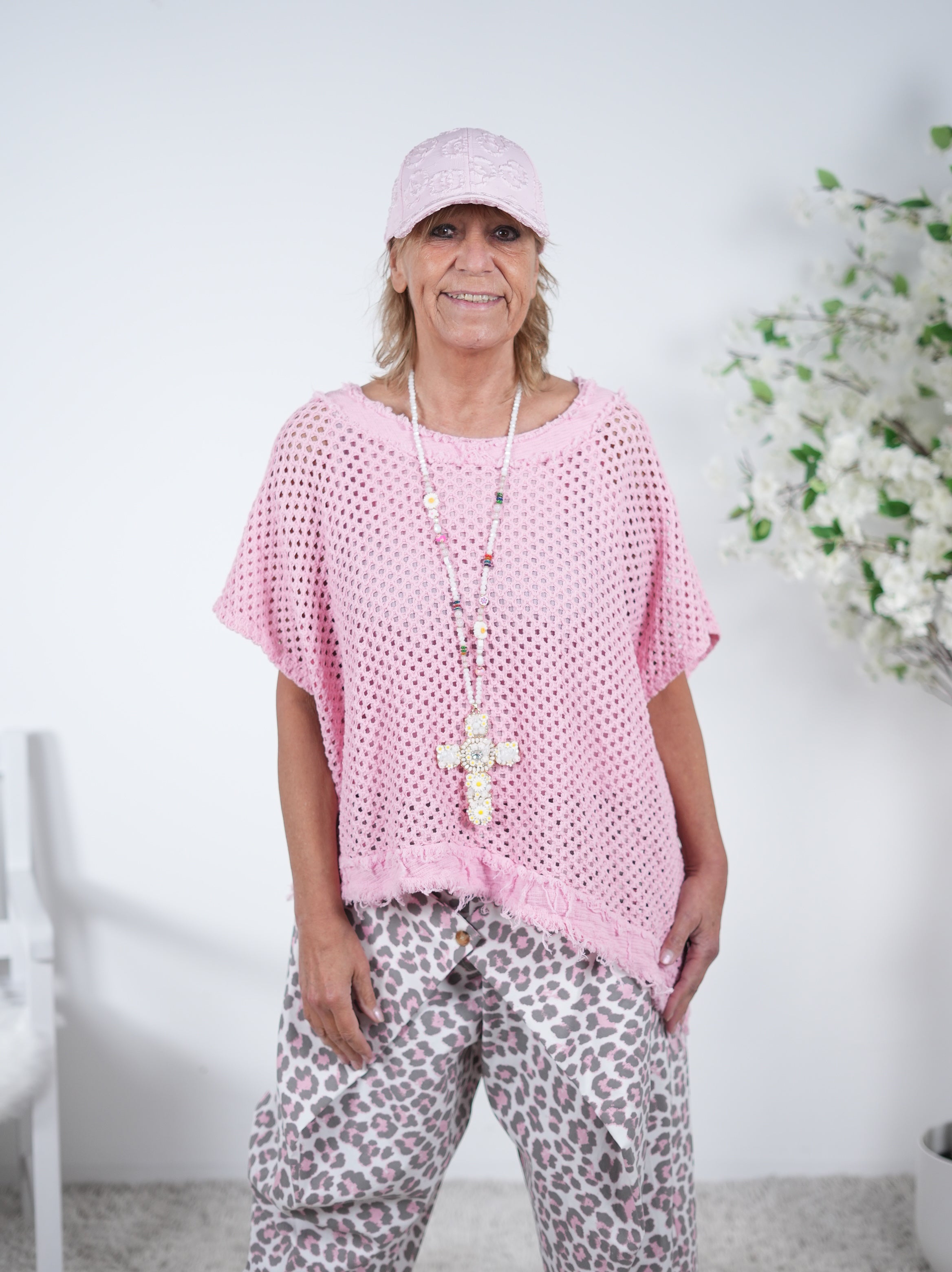 Netz Poncho mit ausgefranztem Abschluss Einheitsgröße (ca Gr. 38 "oversize"-42) Rosa