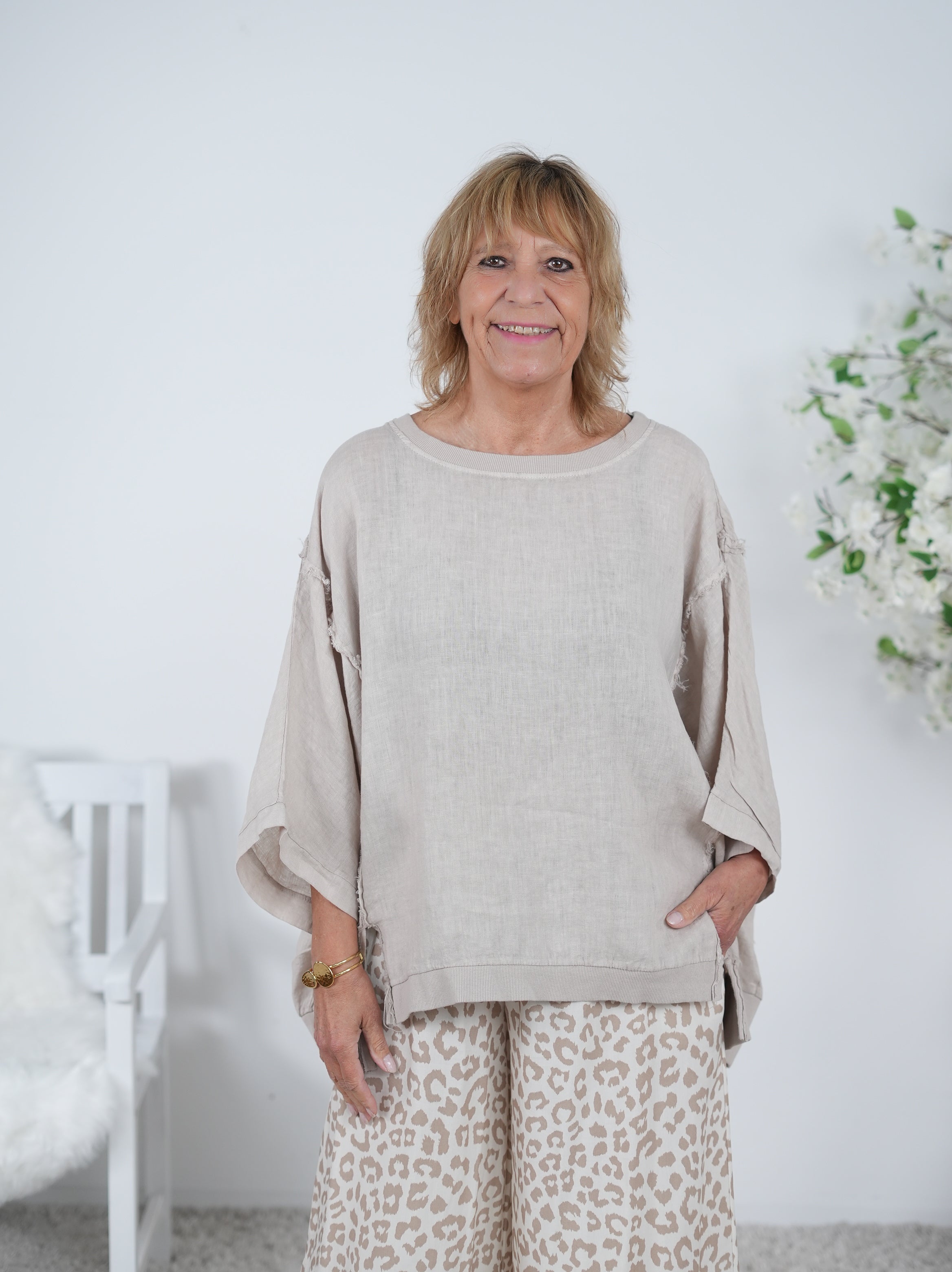 oversize Leinen Shirt mit Außennaht Einheitsgröße (ca Gr. 40"oversize"-46) Beige